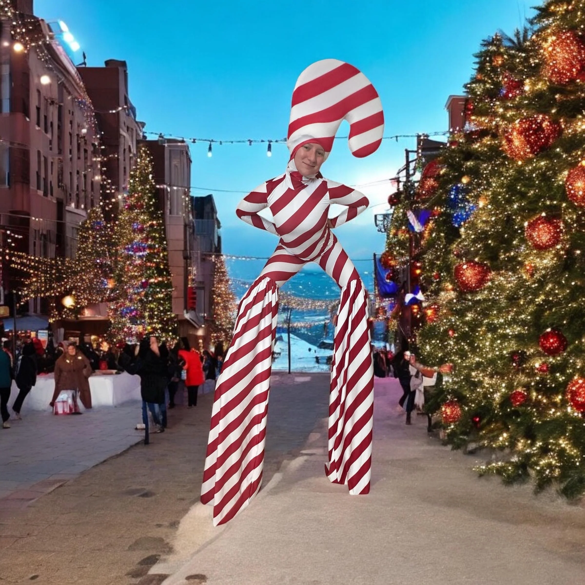 Candy Cane Christmas Costume for Performers, Red & White Diagonal Stripe Jumpsuit with Stilt Covers & Headpiece, Full Body Catsuit in Stretch Spandex Fabric, Holiday Wear for Parades & Festive Events - Image 4