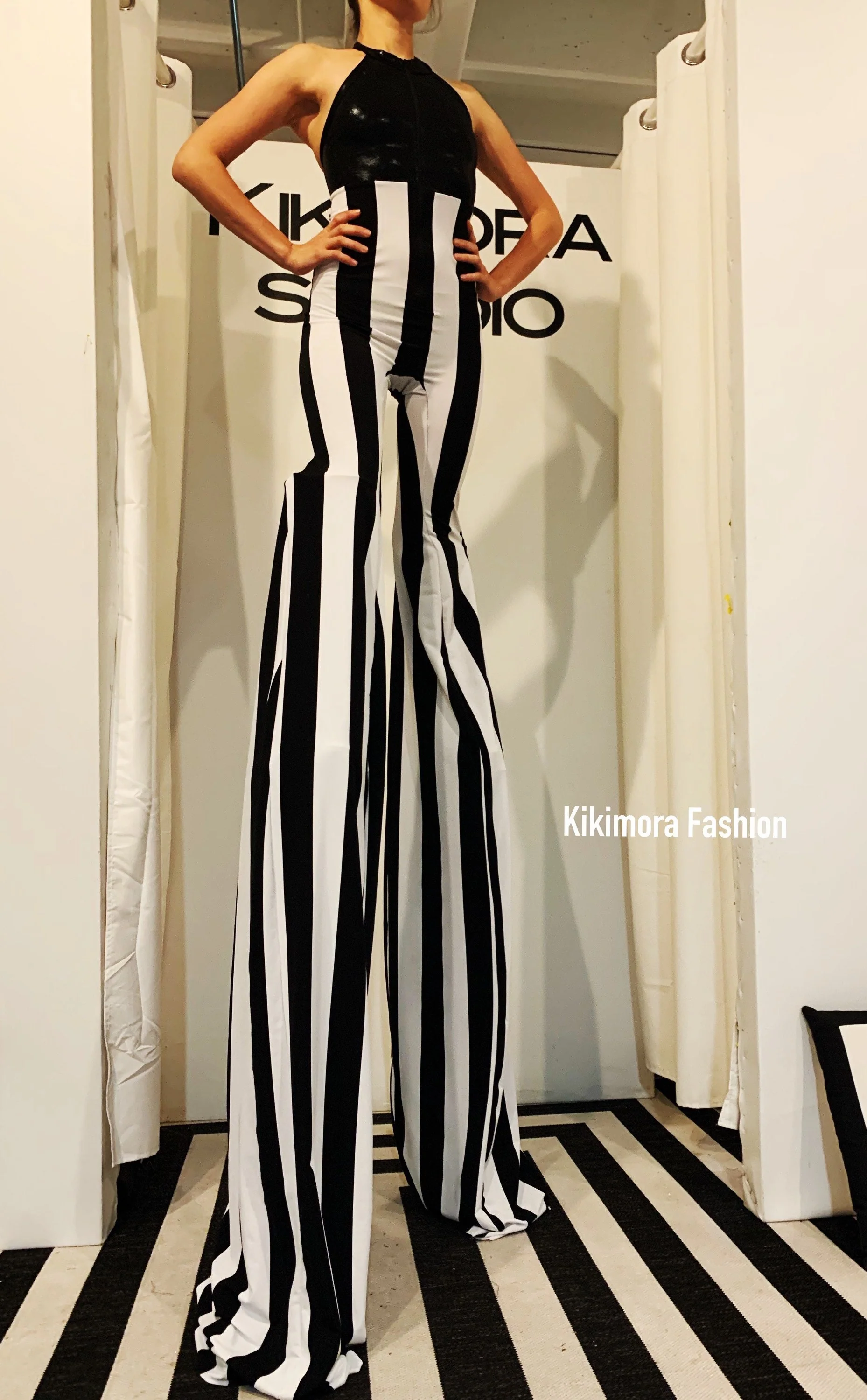 Stilts Costume Jumpsuit, Black and White Stripe Legs, Hologram Halter Top, Circus Performer Stilt Walker Outfit, Custom Inseam - Image 3