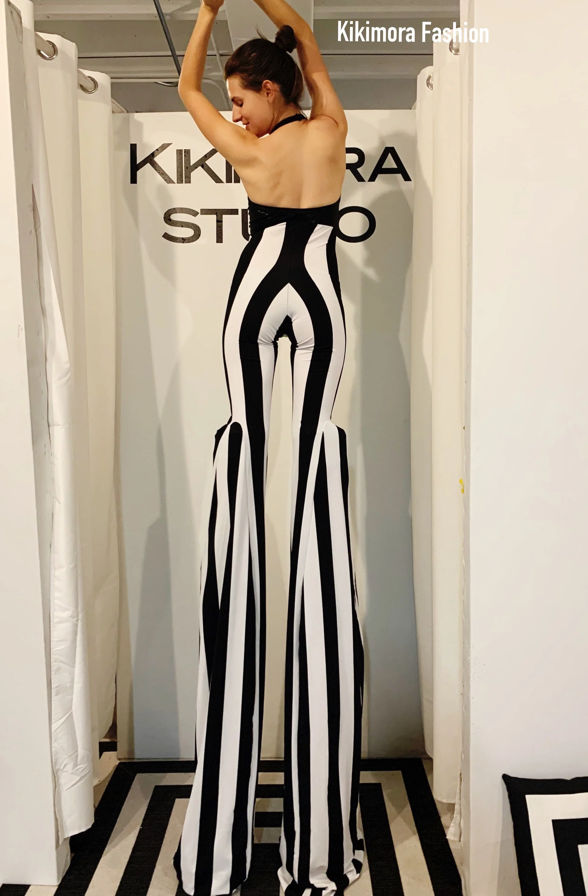 Stilts Costume Jumpsuit, Black and White Stripe Legs, Hologram Halter Top, Circus Performer Stilt Walker Outfit, Custom Inseam - Image 4