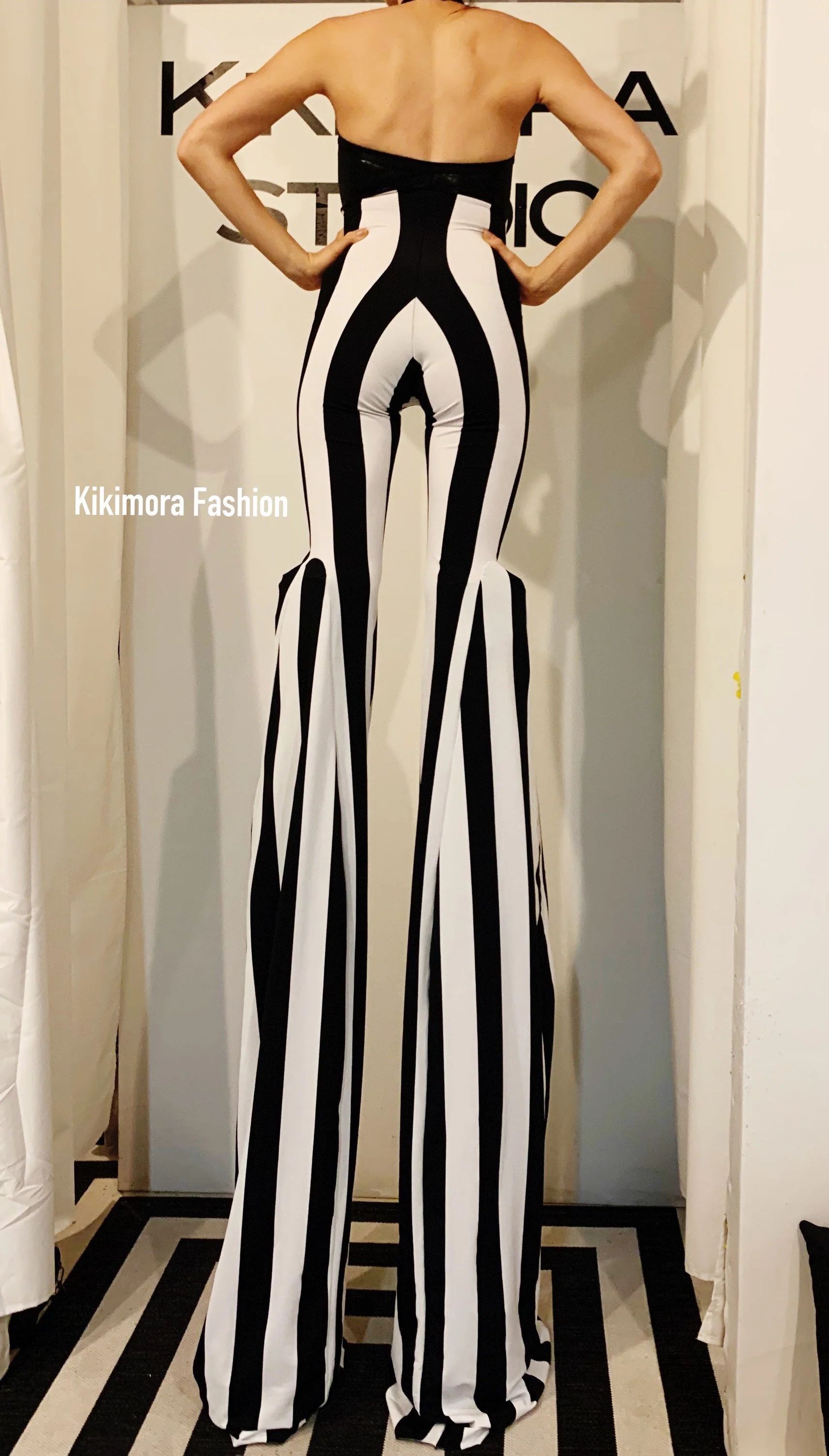 Stilts Costume Jumpsuit, Black and White Stripe Legs, Hologram Halter Top, Circus Performer Stilt Walker Outfit, Custom Inseam - Image 5