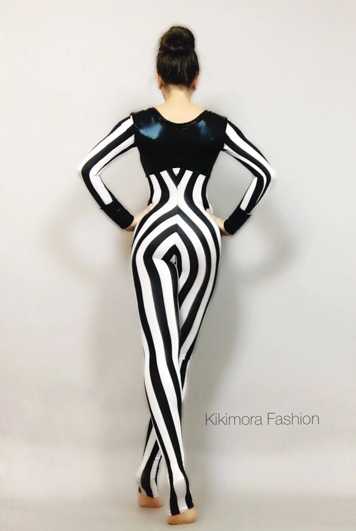 Black and White Striped Jumpsuit, Round Neck, Full Sleeves - Image 6