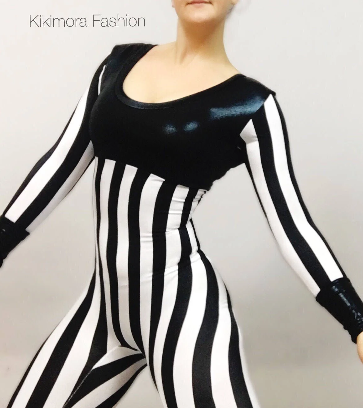 Black and White Striped Jumpsuit, Round Neck, Full Sleeves - Image 7
