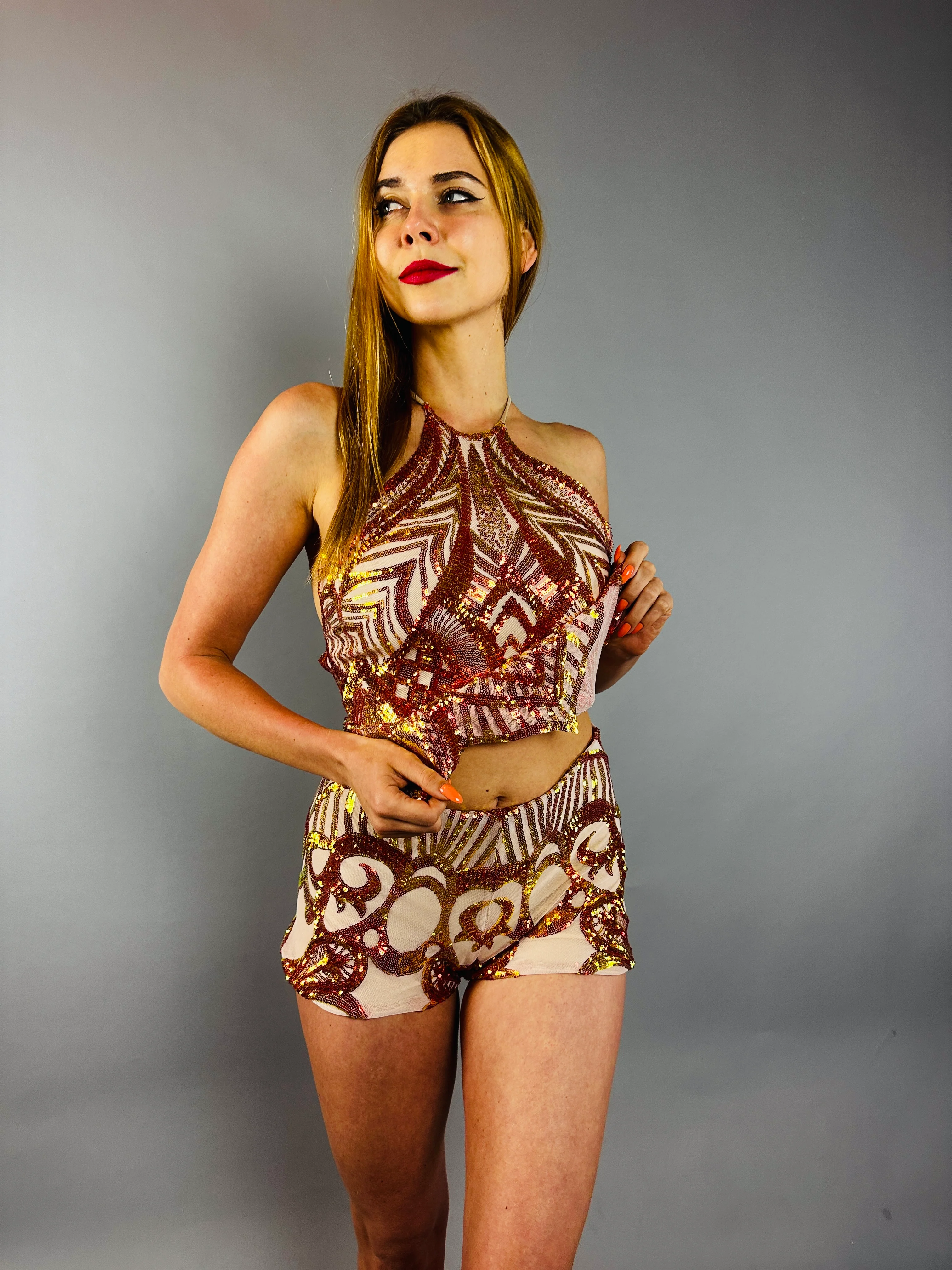 Sunset Sequin Backless Halter Top and Dance Shorts Set, Festival Wear - Image 3