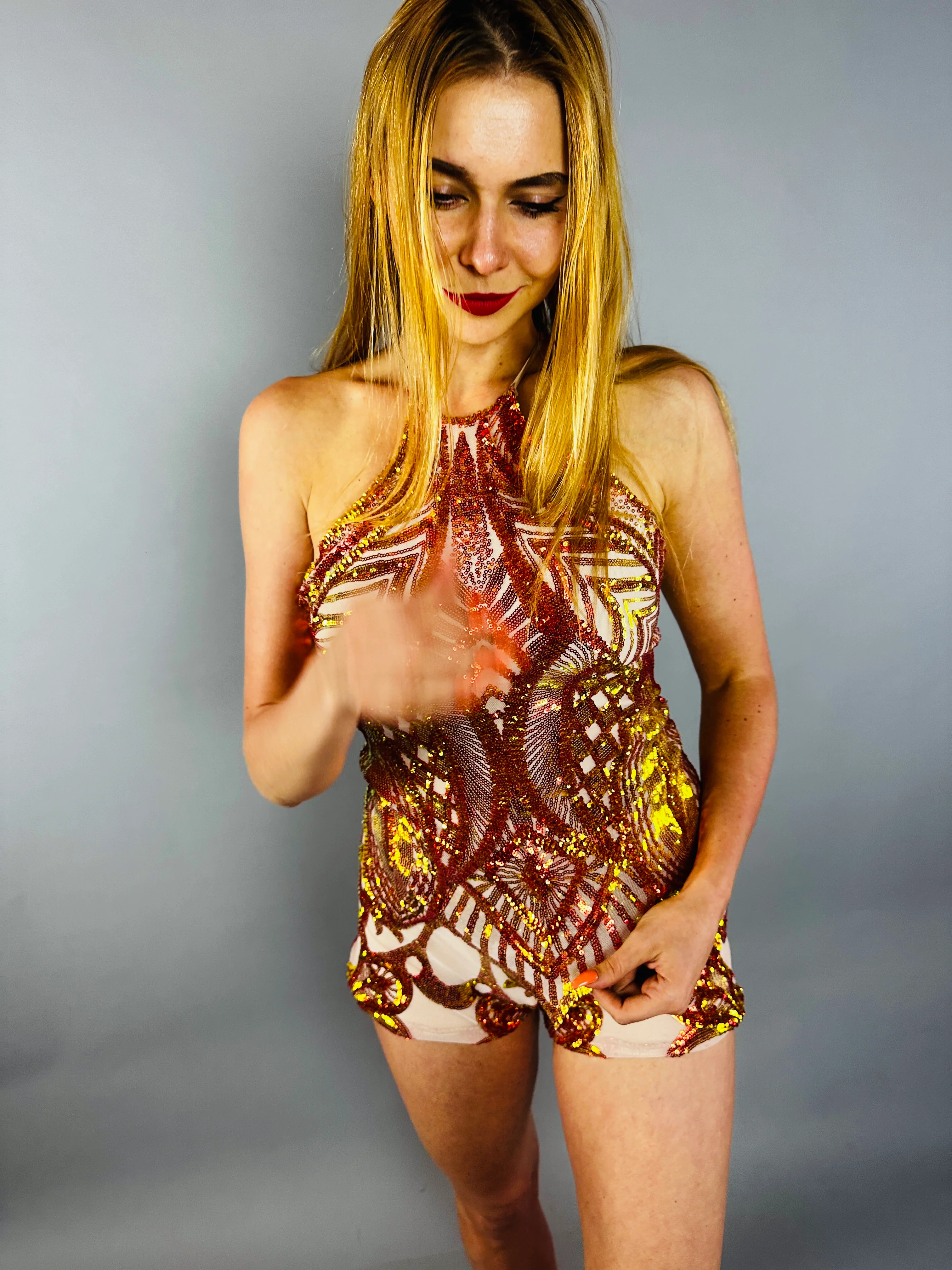 Sunset Sequin Backless Halter Top and Dance Shorts Set, Festival Wear - Image 6