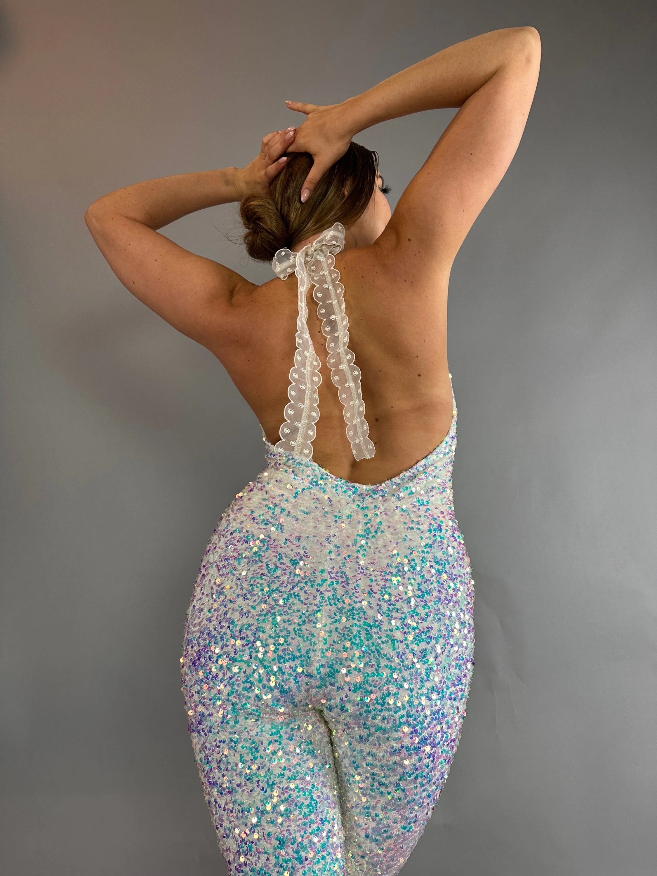 Swan Sparkly Jumpsuit, Sleeveless, Open Back Design - Image 2