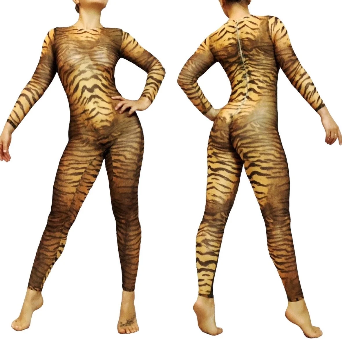 Tiger Print Sheer Catsuit, Power Mesh Bodysuit, Full Sleeves - Image 4