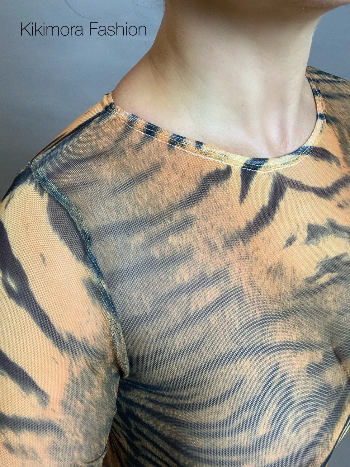 Tiger Print Sheer Catsuit, Power Mesh Bodysuit, Full Sleeves - Image 5