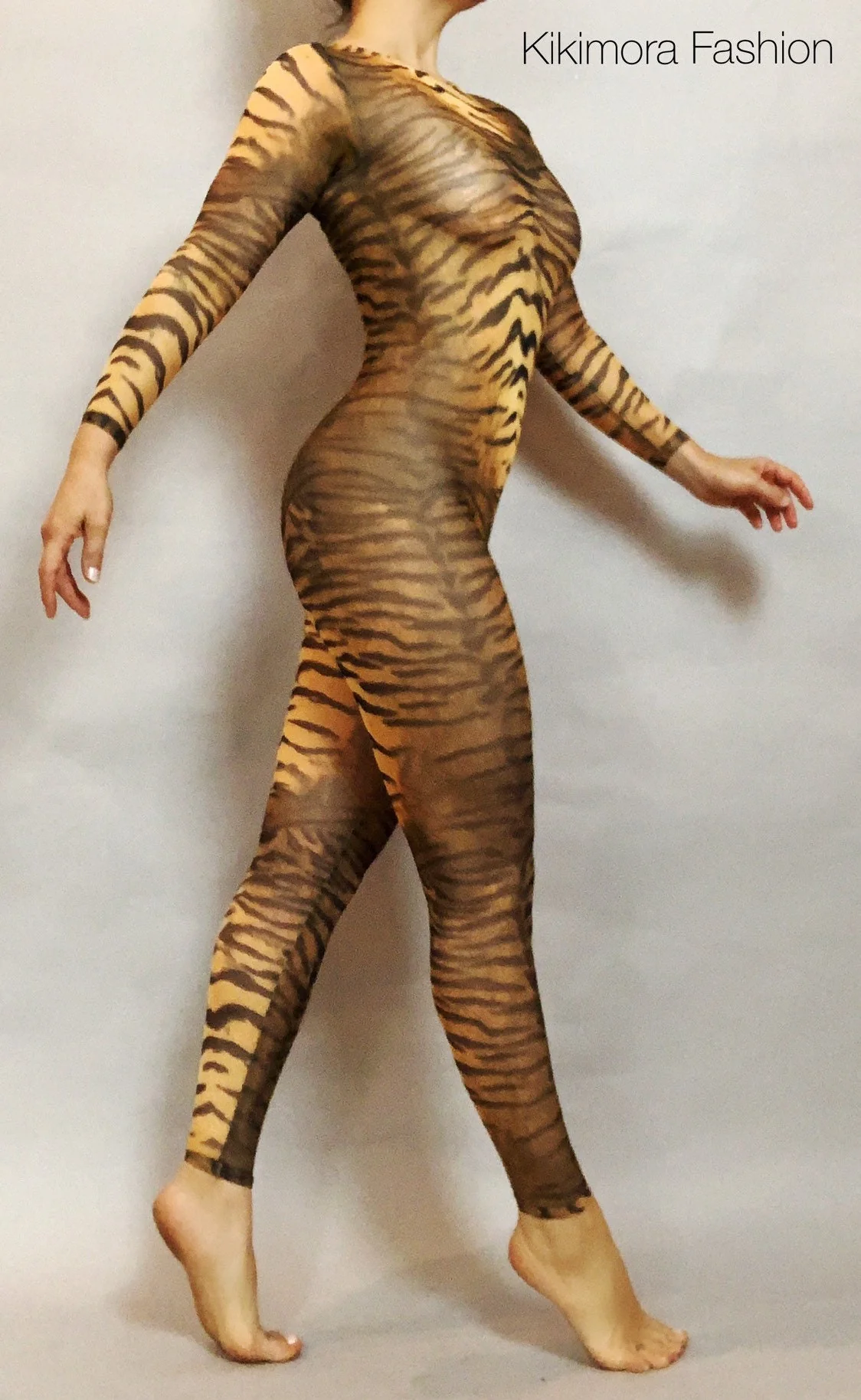Tiger Print Sheer Catsuit, Power Mesh Bodysuit, Full Sleeves - Image 7
