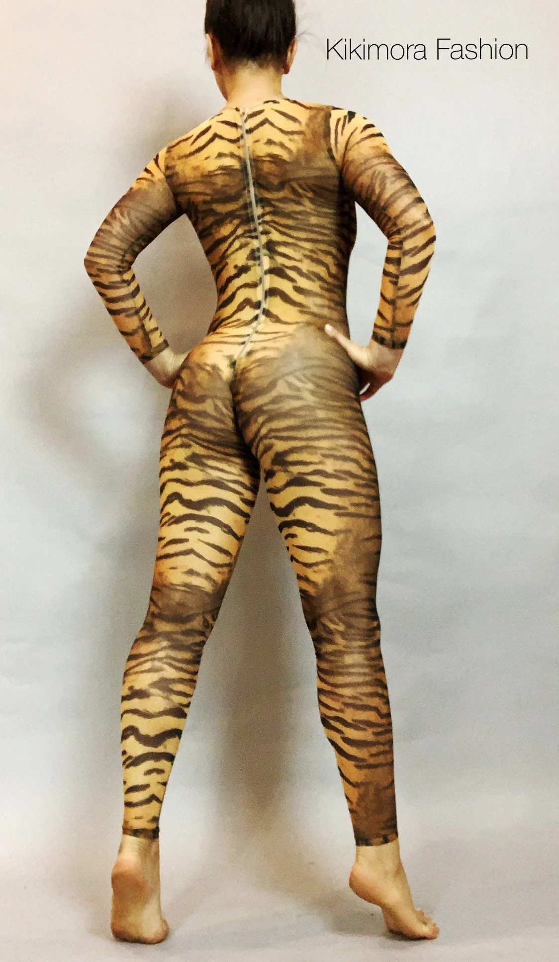 Tiger Print Sheer Catsuit, Power Mesh Bodysuit, Full Sleeves - Image 9