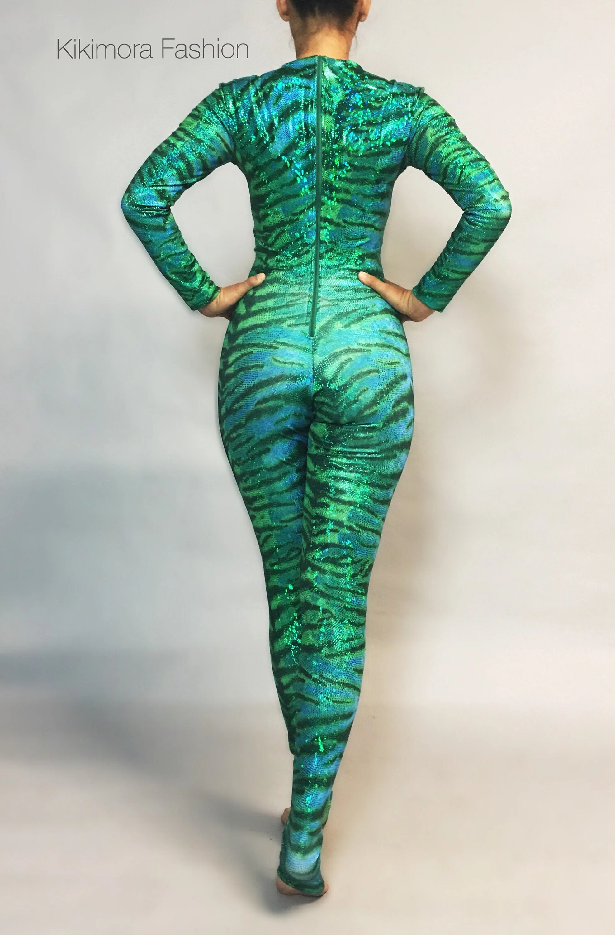 Green Tiger Stripe Catsuit, Hologram Metallic Spandex Jumpsuit, Full Body Stretch Suit, 4 Way Stretch Performance Wear, Custom - Image 7