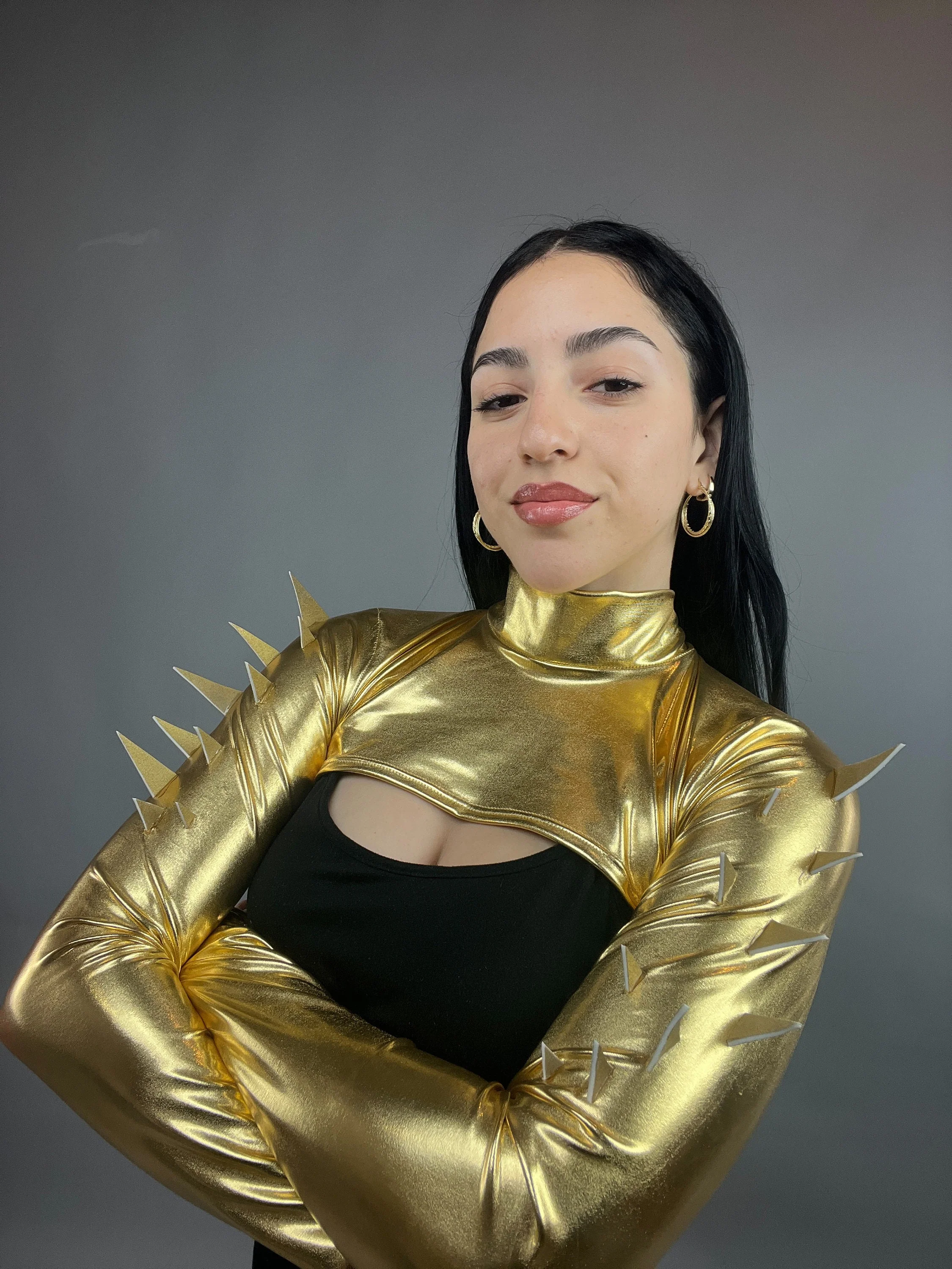 Gold Spiky Shrug, Futuristic Arm Sleeves, Upcycled Spandex Crop Top, Exotic Dance Wear, Festival Fashion, Spike Costume, Gold Bolero - Image 3