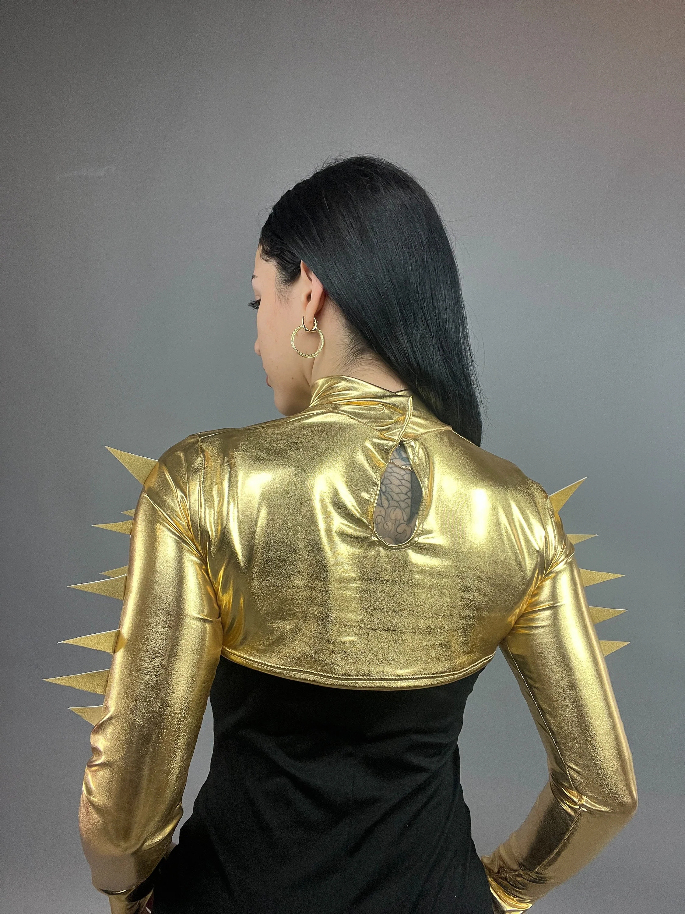 Gold Spiky Shrug, Futuristic Arm Sleeves, Upcycled Spandex Crop Top, Exotic Dance Wear, Festival Fashion, Spike Costume, Gold Bolero - Image 4