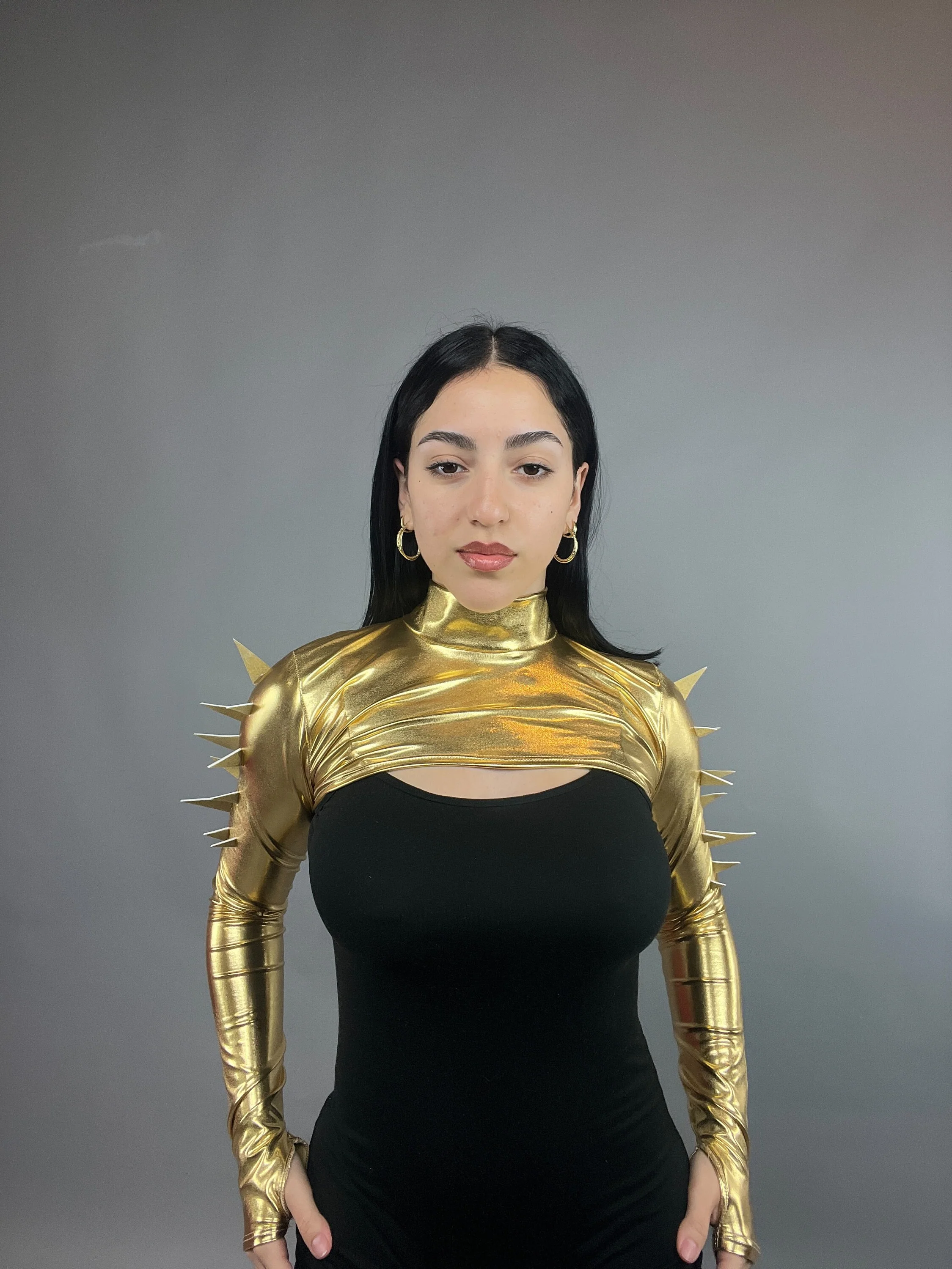 Gold Spiky Shrug, Futuristic Arm Sleeves, Upcycled Spandex Crop Top, Exotic Dance Wear, Festival Fashion, Spike Costume, Gold Bolero - Image 6
