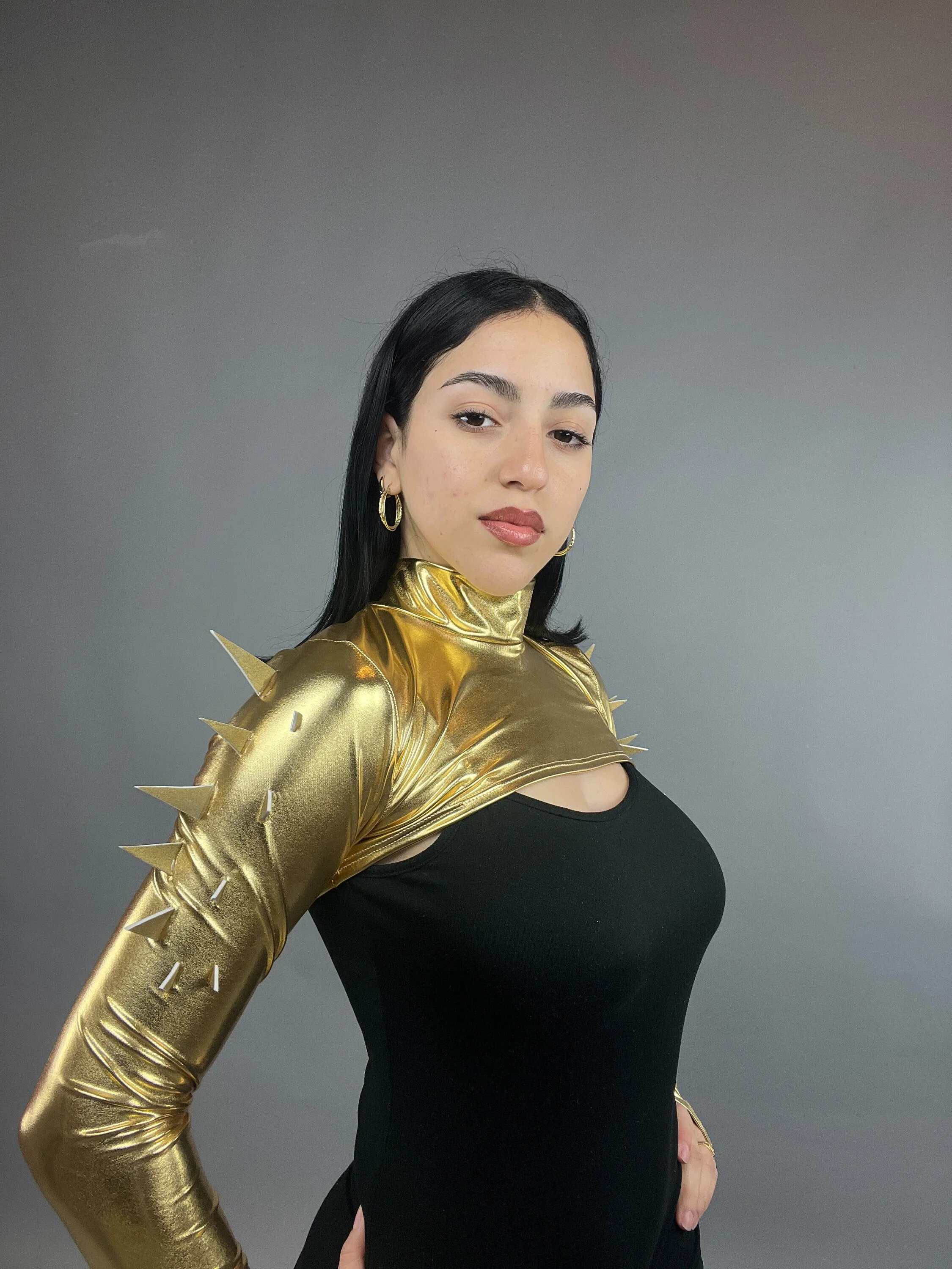 Gold Spiky Shrug, Futuristic Arm Sleeves, Upcycled Spandex Crop Top, Exotic Dance Wear, Festival Fashion, Spike Costume, Gold Bolero - Image 7