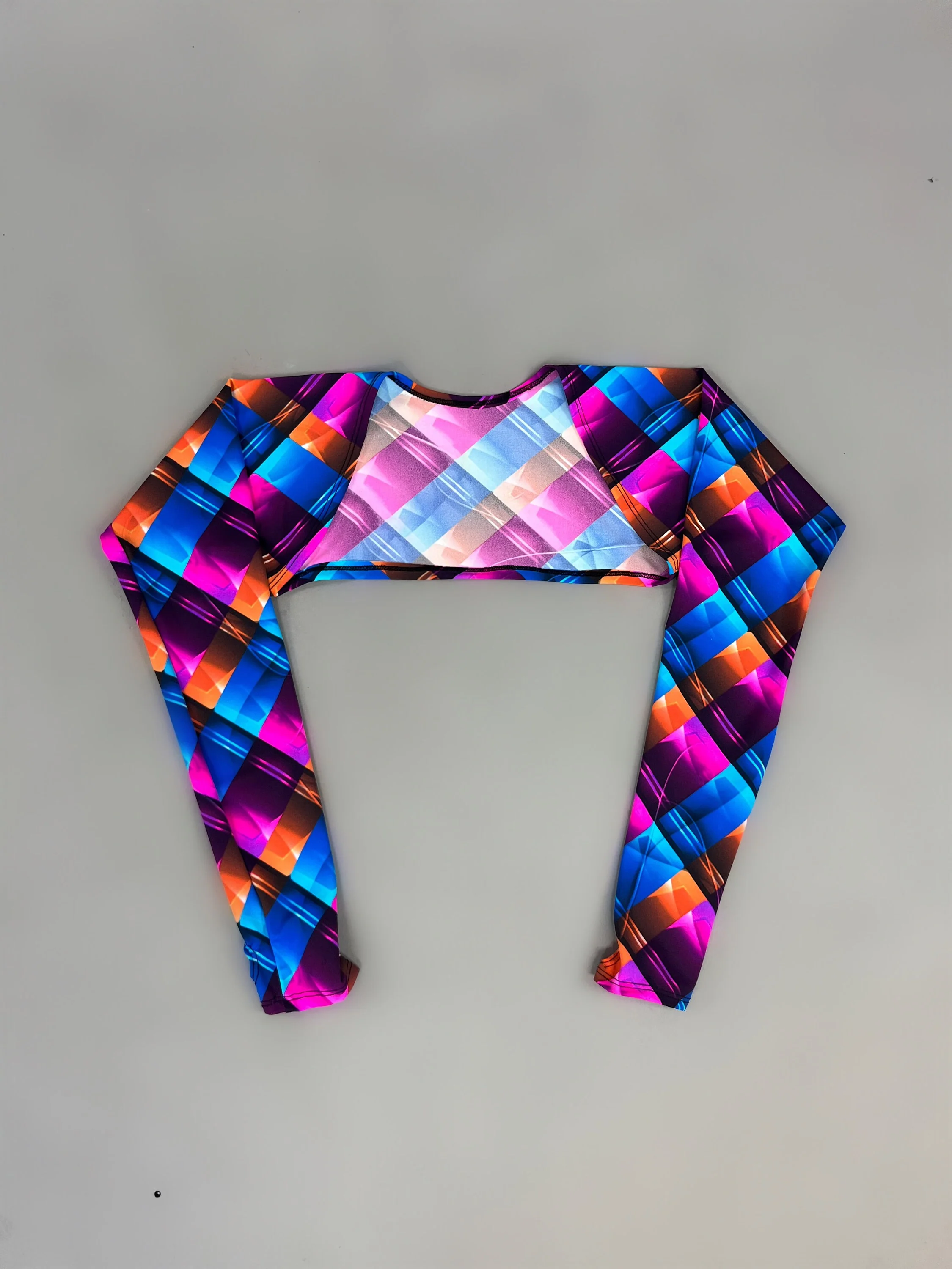 Geometric Print Shrug, Upcycled Spandex Bolero, Futuristic Arm Sleeves, Festival Fashion Top, Rave Outfit, Custom Crop Top - Image 10