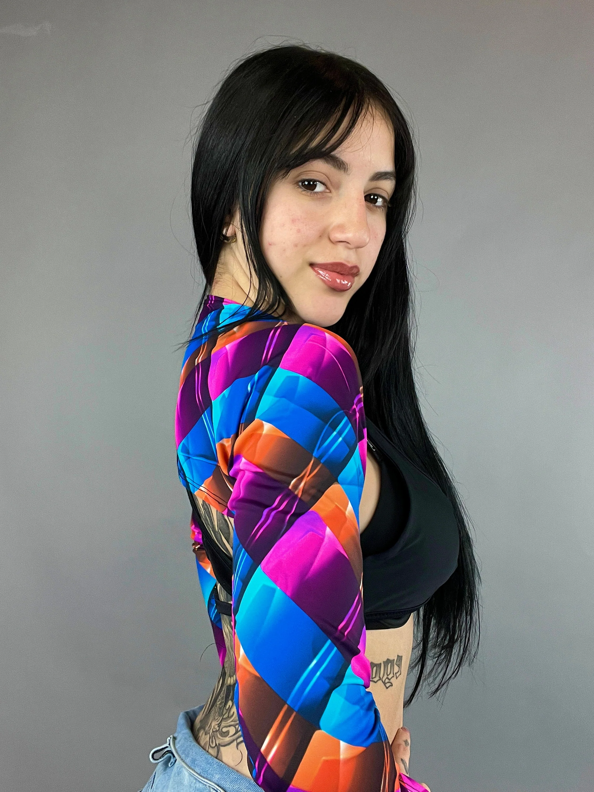 Geometric Print Shrug, Upcycled Spandex Bolero, Futuristic Arm Sleeves, Festival Fashion Top, Rave Outfit, Custom Crop Top - Image 4
