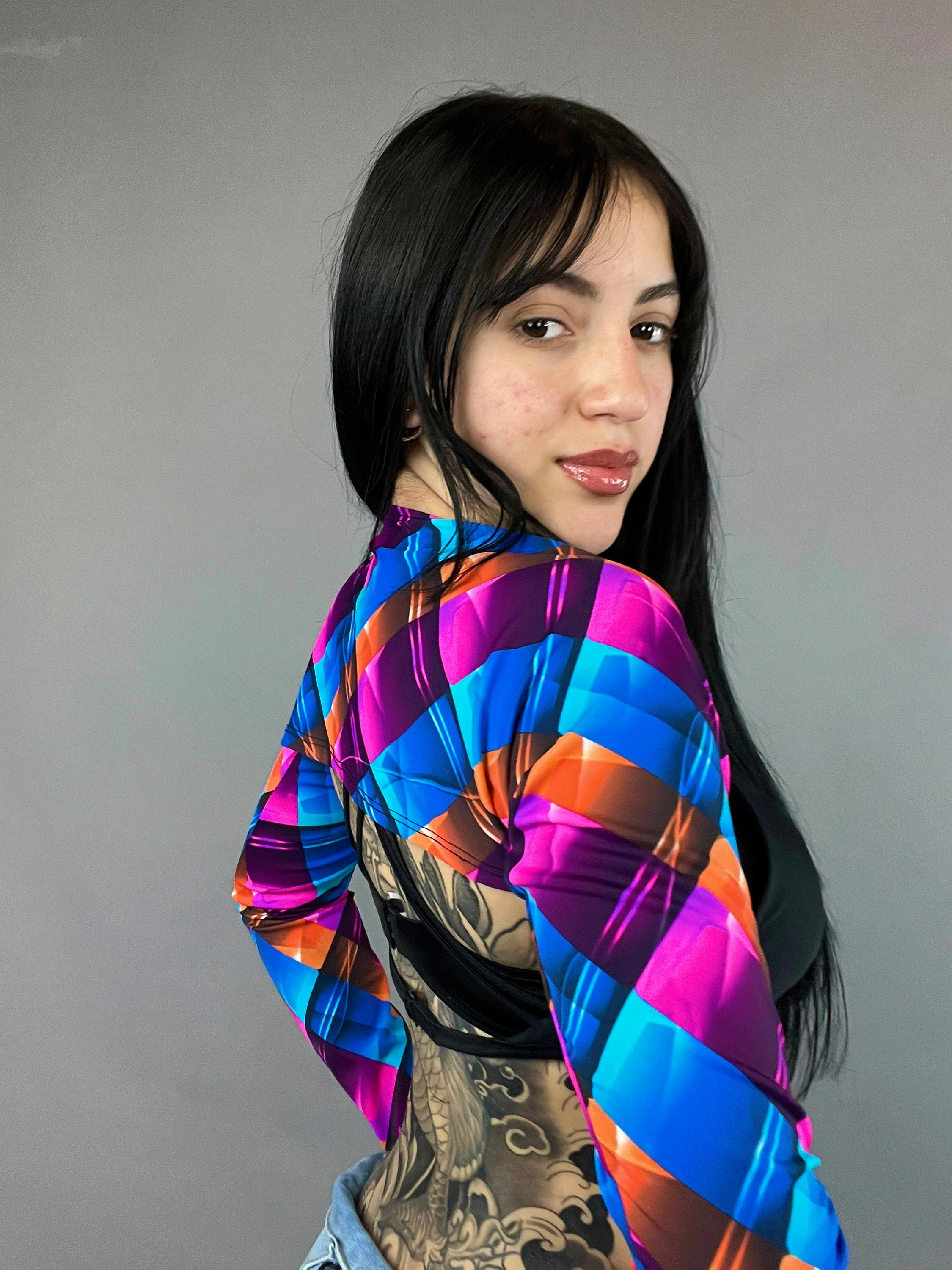 Geometric Print Shrug, Upcycled Spandex Bolero, Futuristic Arm Sleeves, Festival Fashion Top, Rave Outfit, Custom Crop Top - Image 5