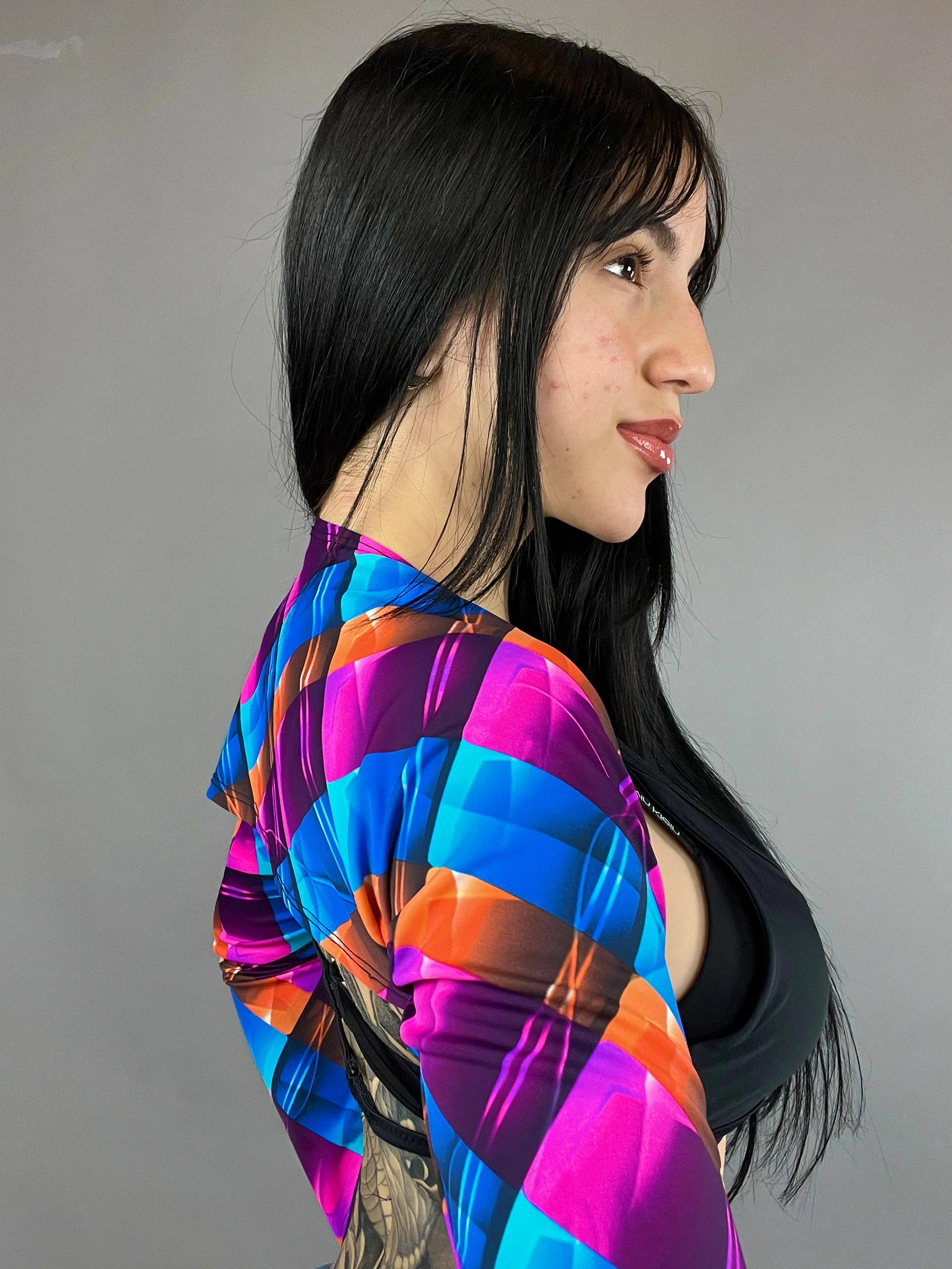 Geometric Print Shrug, Upcycled Spandex Bolero, Futuristic Arm Sleeves, Festival Fashion Top, Rave Outfit, Custom Crop Top - Image 7