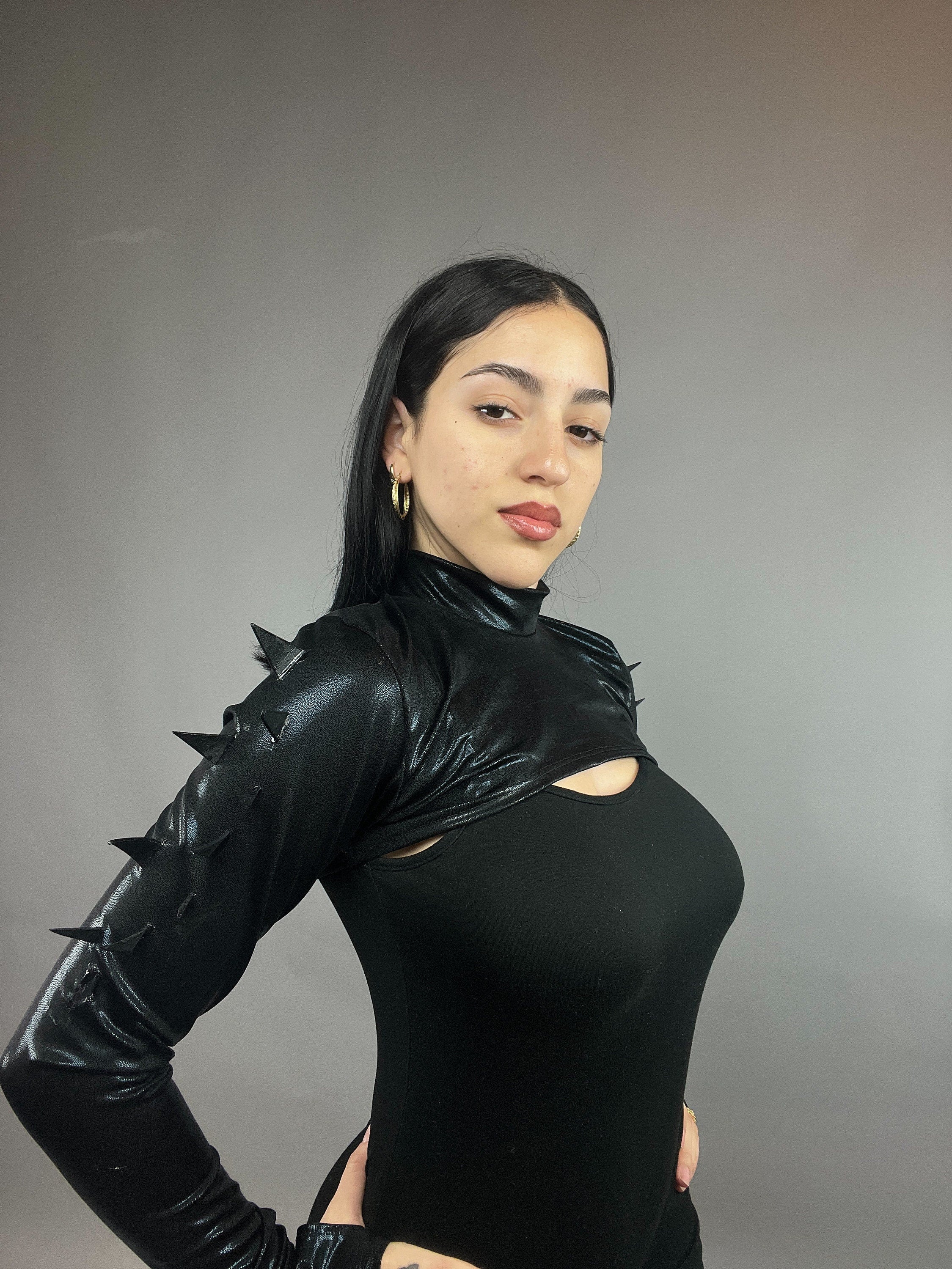 Black Spiky Shrug, Futuristic Arm Sleeves, Upcycled Spandex Crop Top, Exotic Dance Wear, Festival Fashion, Spike Costume - Image 4