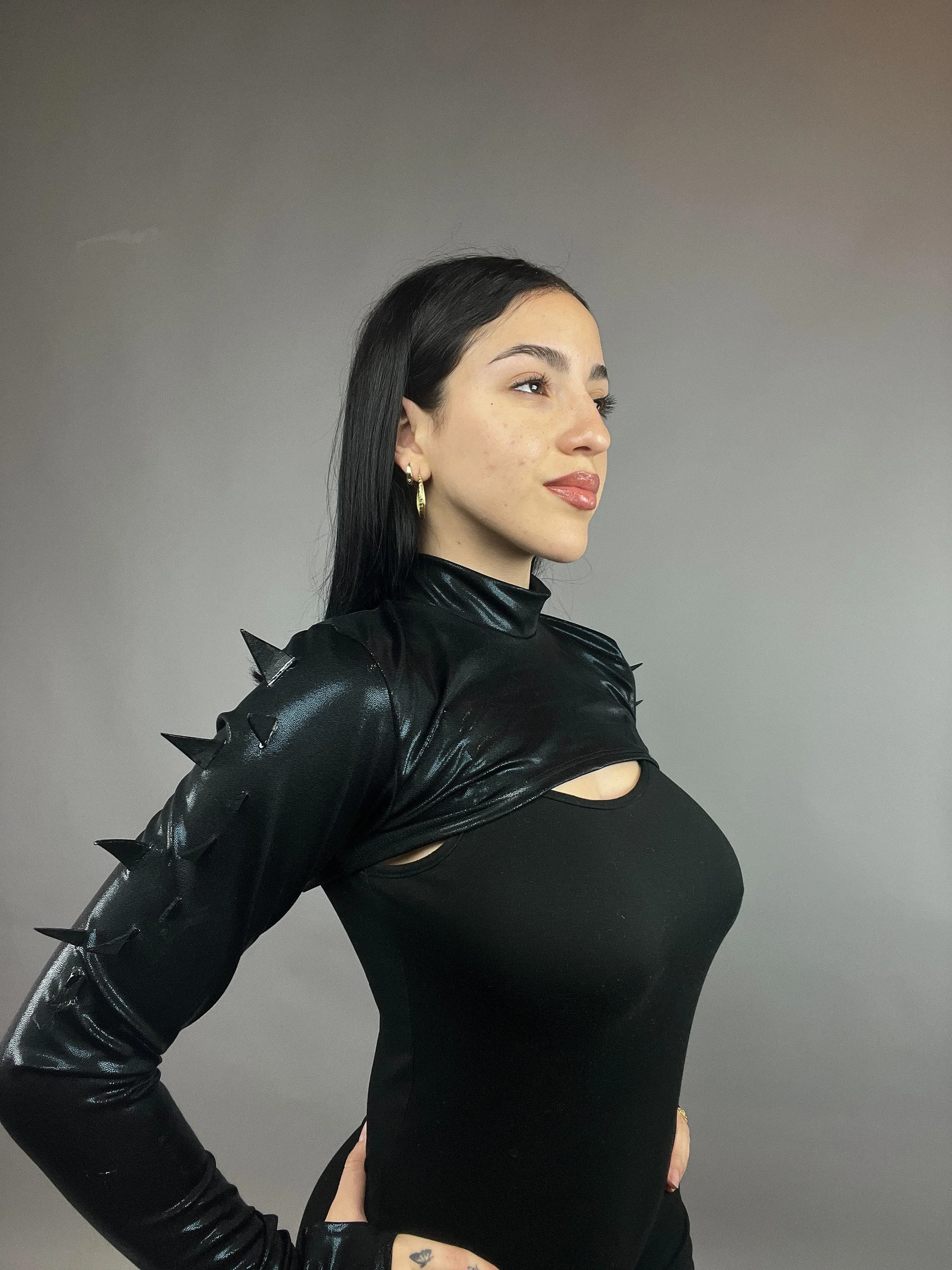 Black Spiky Shrug, Futuristic Arm Sleeves, Upcycled Spandex Crop Top, Exotic Dance Wear, Festival Fashion, Spike Costume - Image 5