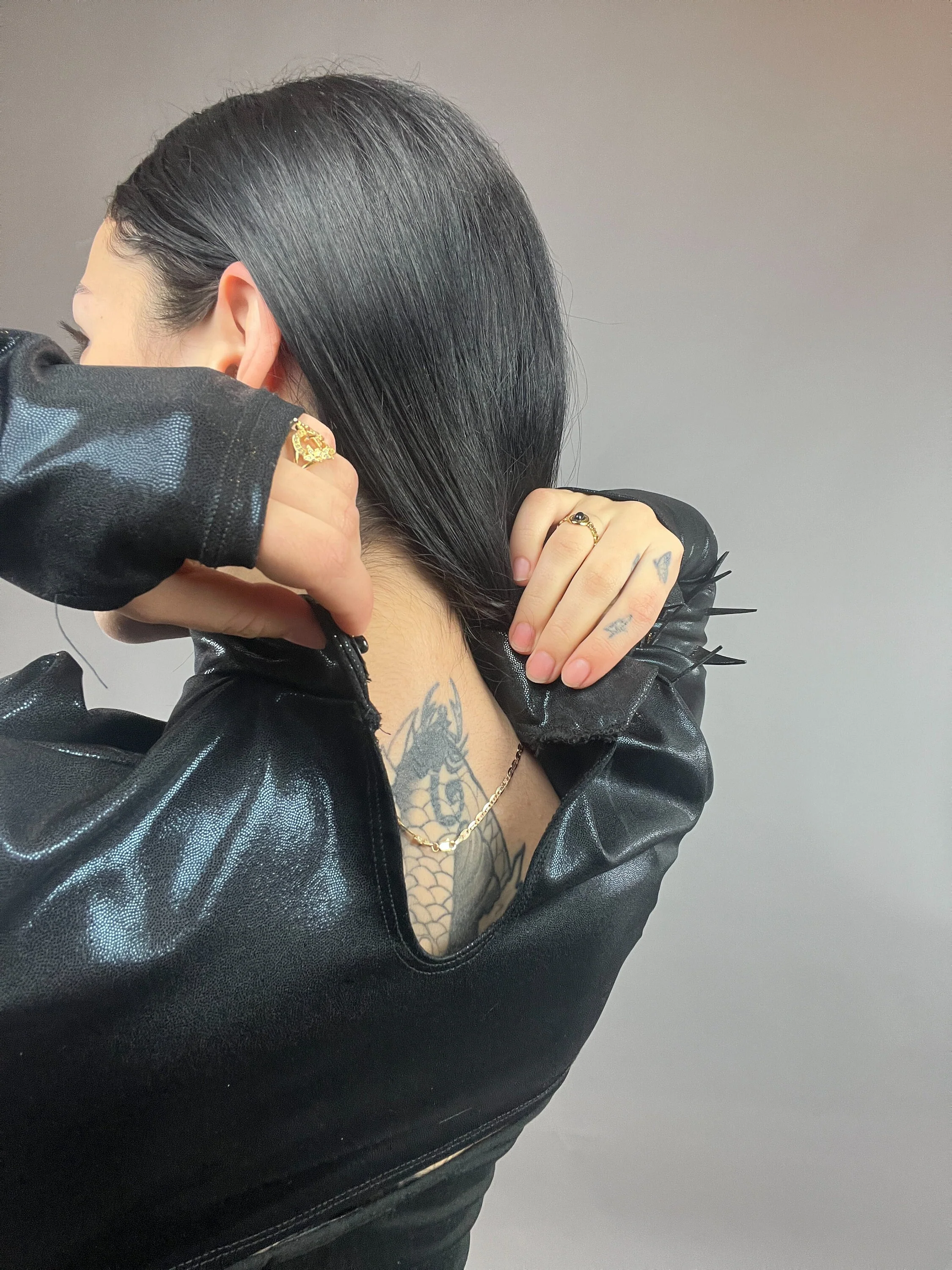 Black Spiky Shrug, Futuristic Arm Sleeves, Upcycled Spandex Crop Top, Exotic Dance Wear, Festival Fashion, Spike Costume - Image 7