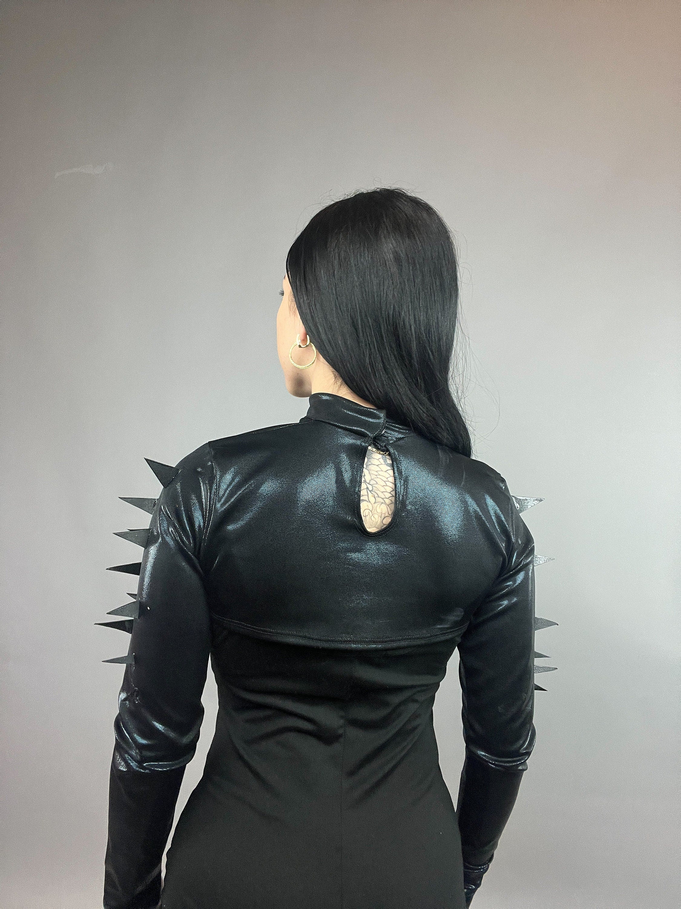 Black Spiky Shrug, Futuristic Arm Sleeves, Upcycled Spandex Crop Top, Exotic Dance Wear, Festival Fashion, Spike Costume - Image 8
