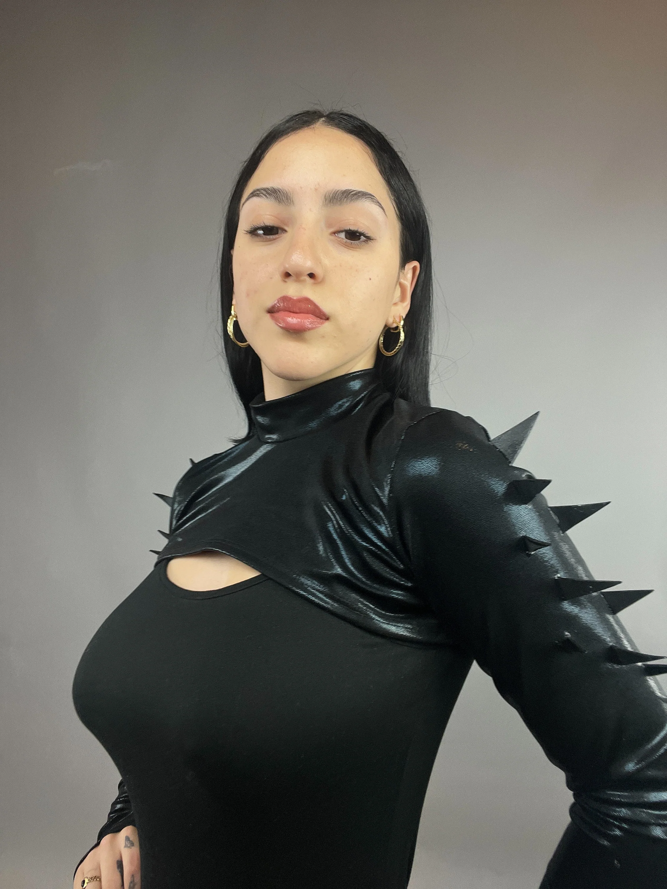 Black Spiky Shrug, Futuristic Arm Sleeves, Upcycled Spandex Crop Top, Exotic Dance Wear, Festival Fashion, Spike Costume - Image 9