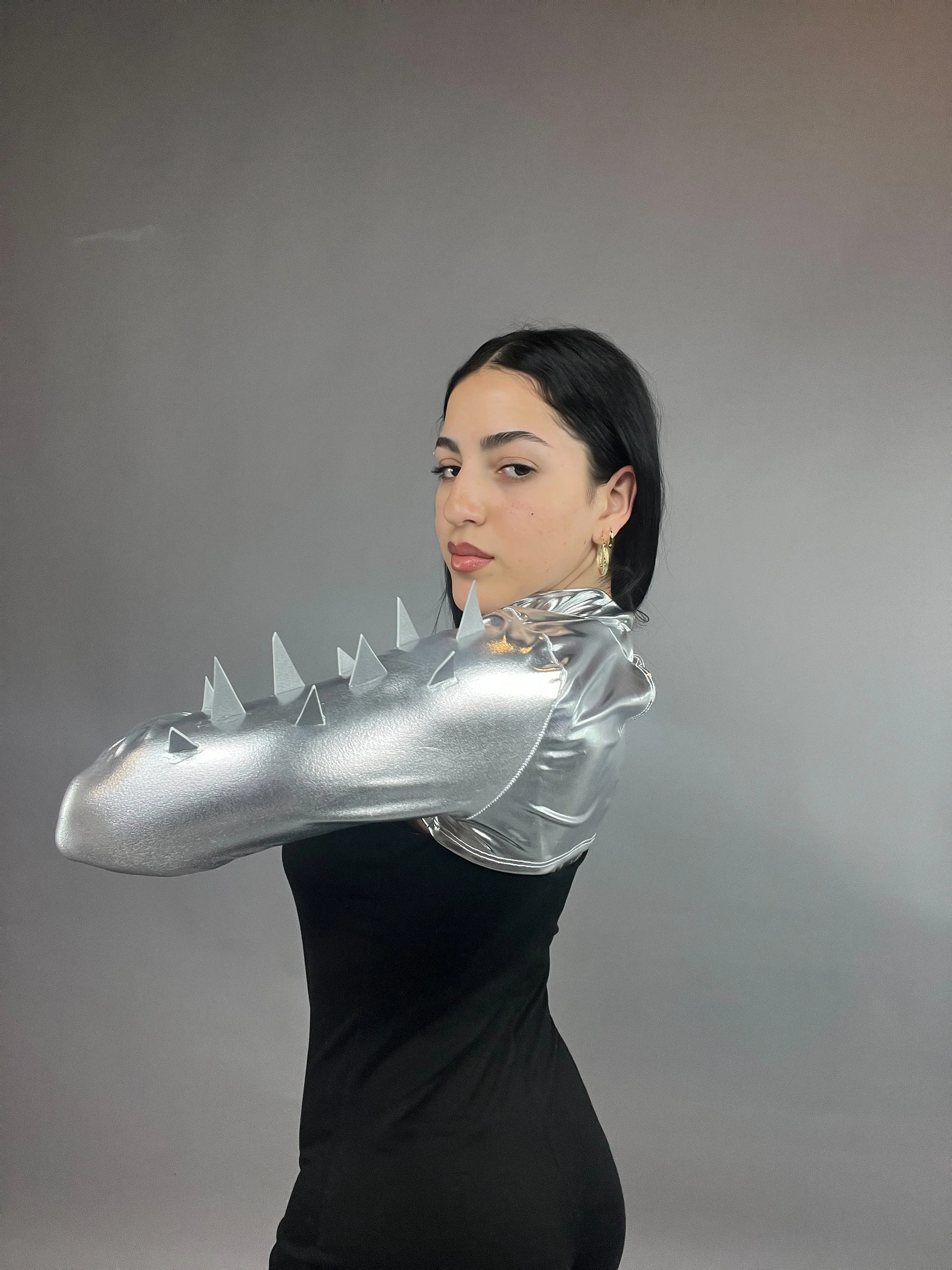 Silver Spiky Shrug, Futuristic Arm Sleeves, Spandex Crop Top, Exotic Dance Wear, Festival Fashion Accessory, Spike Costume, Upcycled - Image 10