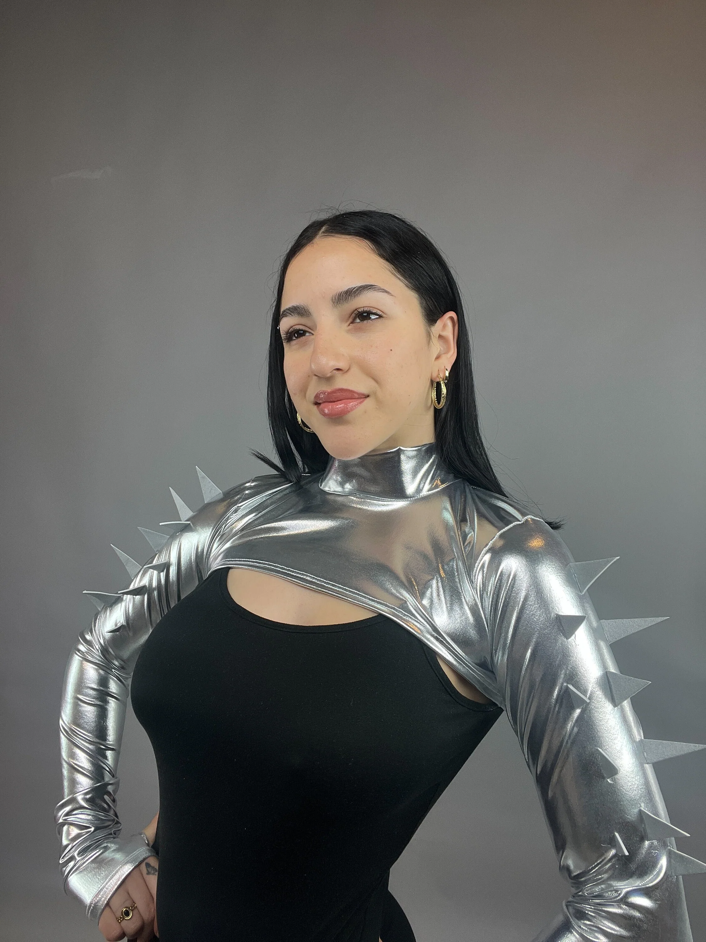 Silver Spiky Shrug, Futuristic Arm Sleeves, Spandex Crop Top, Exotic Dance Wear, Festival Fashion Accessory, Spike Costume, Upcycled - Image 4