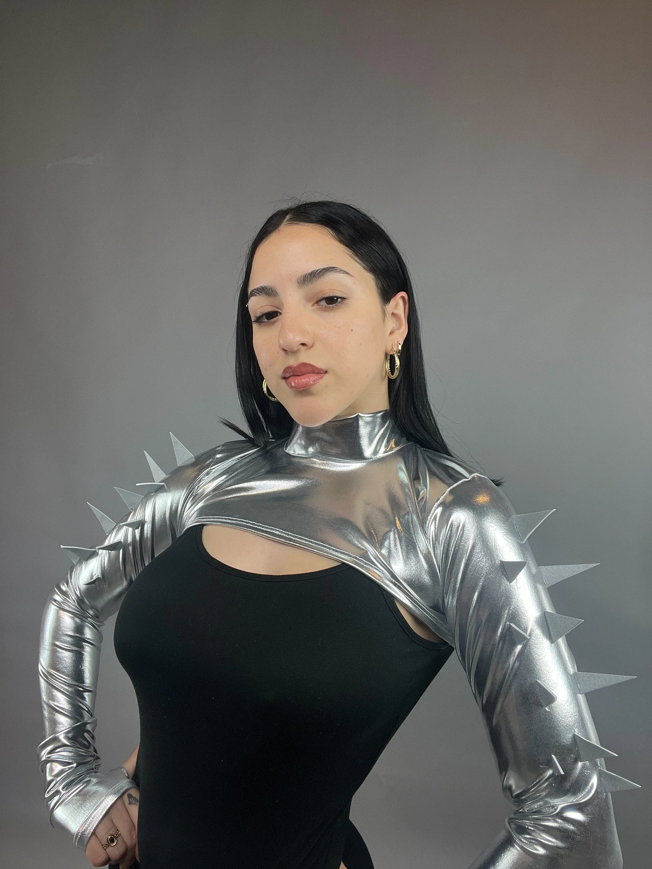 Silver Spiky Shrug, Futuristic Arm Sleeves, Spandex Crop Top, Exotic Dance Wear, Festival Fashion Accessory, Spike Costume, Upcycled - Image 6