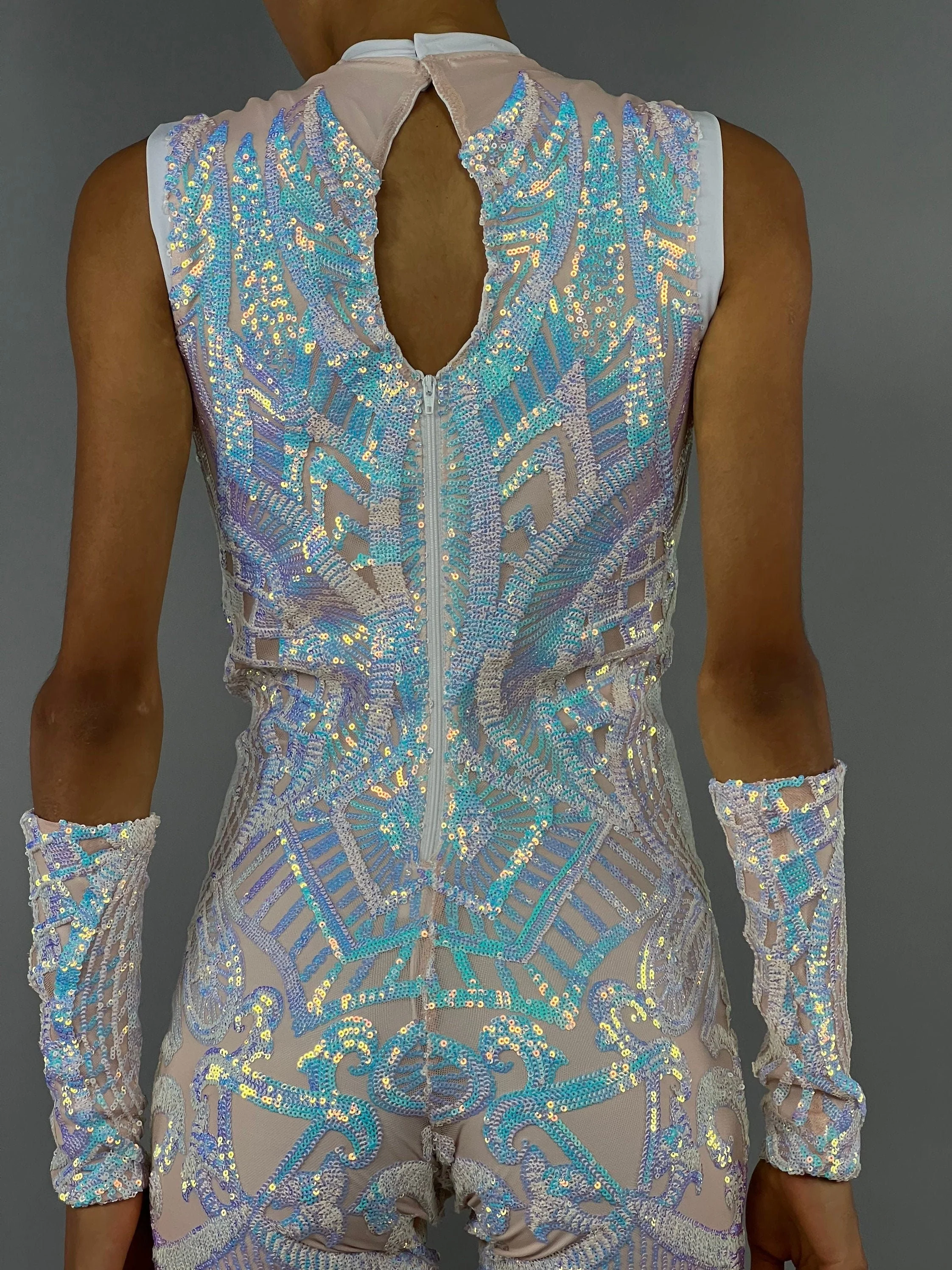 Iridescent Sequin Jumpsuit, White Holographic Bodysuit, Sheer Mesh Catsuit, Geometric Pattern Unitard, Sleeveless Mock Neck, Detached Arm Sleeves - Image 10