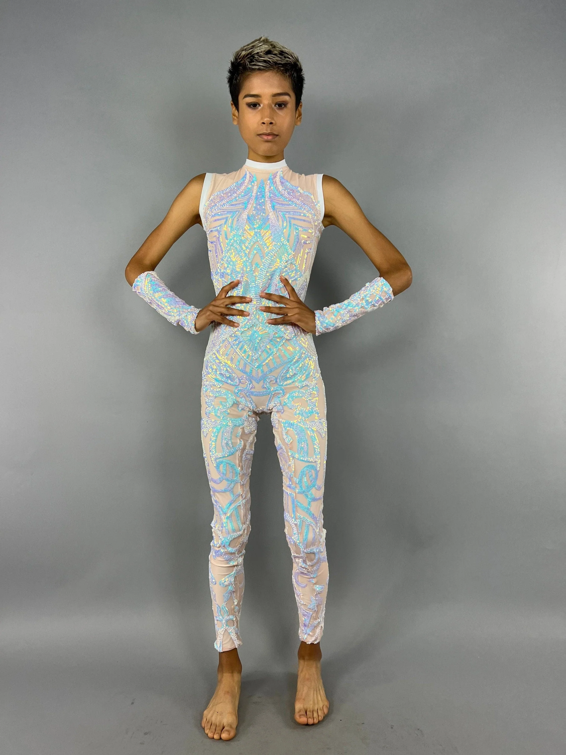 Iridescent Sequin Jumpsuit, White Holographic Bodysuit, Sheer Mesh Catsuit, Geometric Pattern Unitard, Sleeveless Mock Neck, Detached Arm Sleeves - Image 4