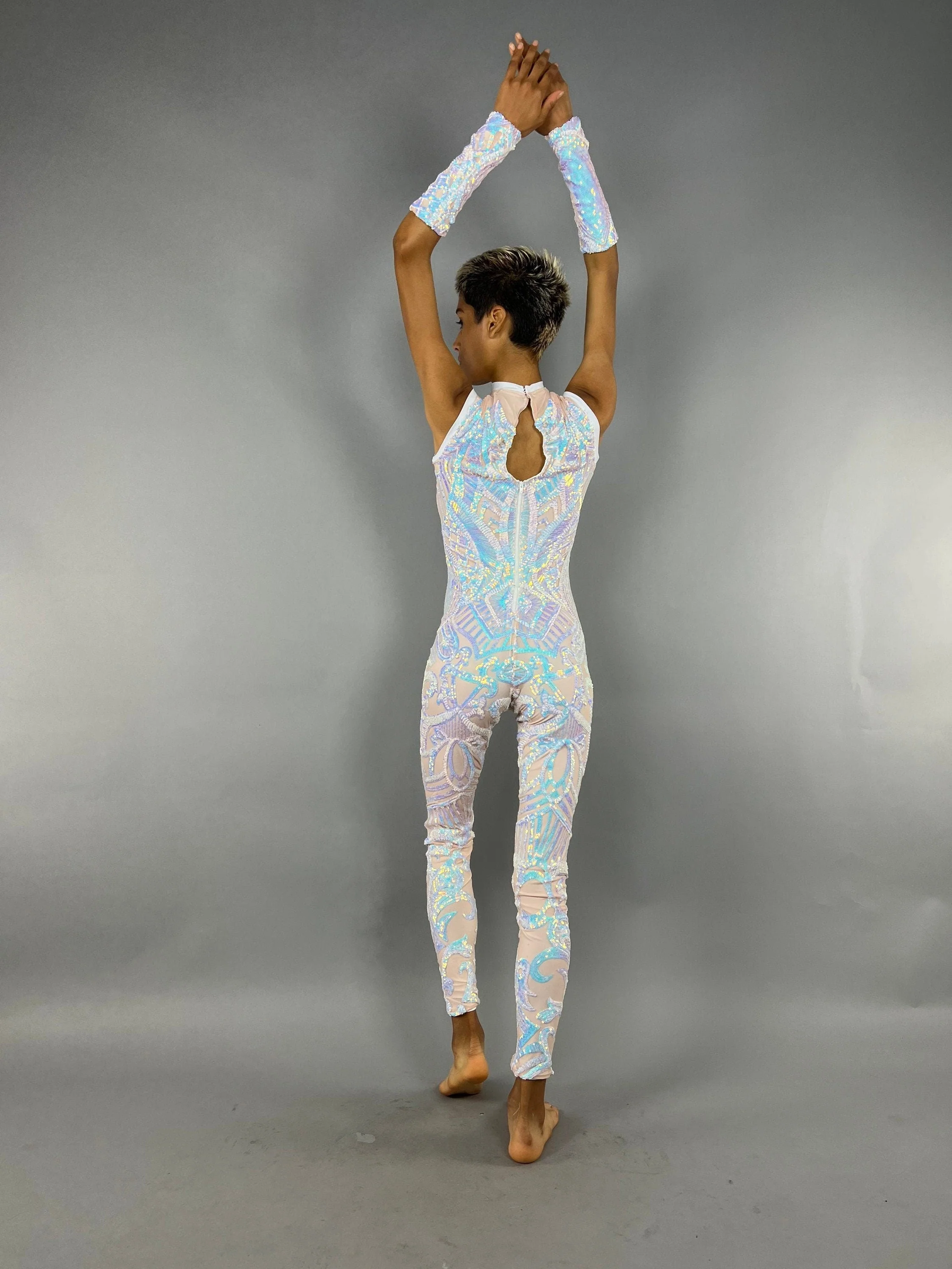 Iridescent Sequin Jumpsuit, White Holographic Bodysuit, Sheer Mesh Catsuit, Geometric Pattern Unitard, Sleeveless Mock Neck, Detached Arm Sleeves - Image 6