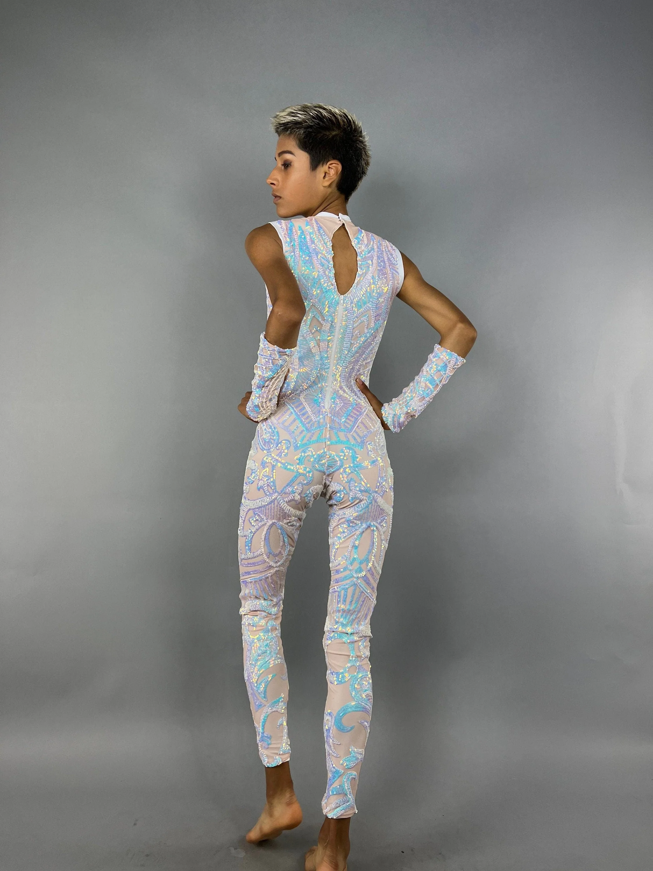 Iridescent Sequin Jumpsuit, White Holographic Bodysuit, Sheer Mesh Catsuit, Geometric Pattern Unitard, Sleeveless Mock Neck, Detached Arm Sleeves - Image 9