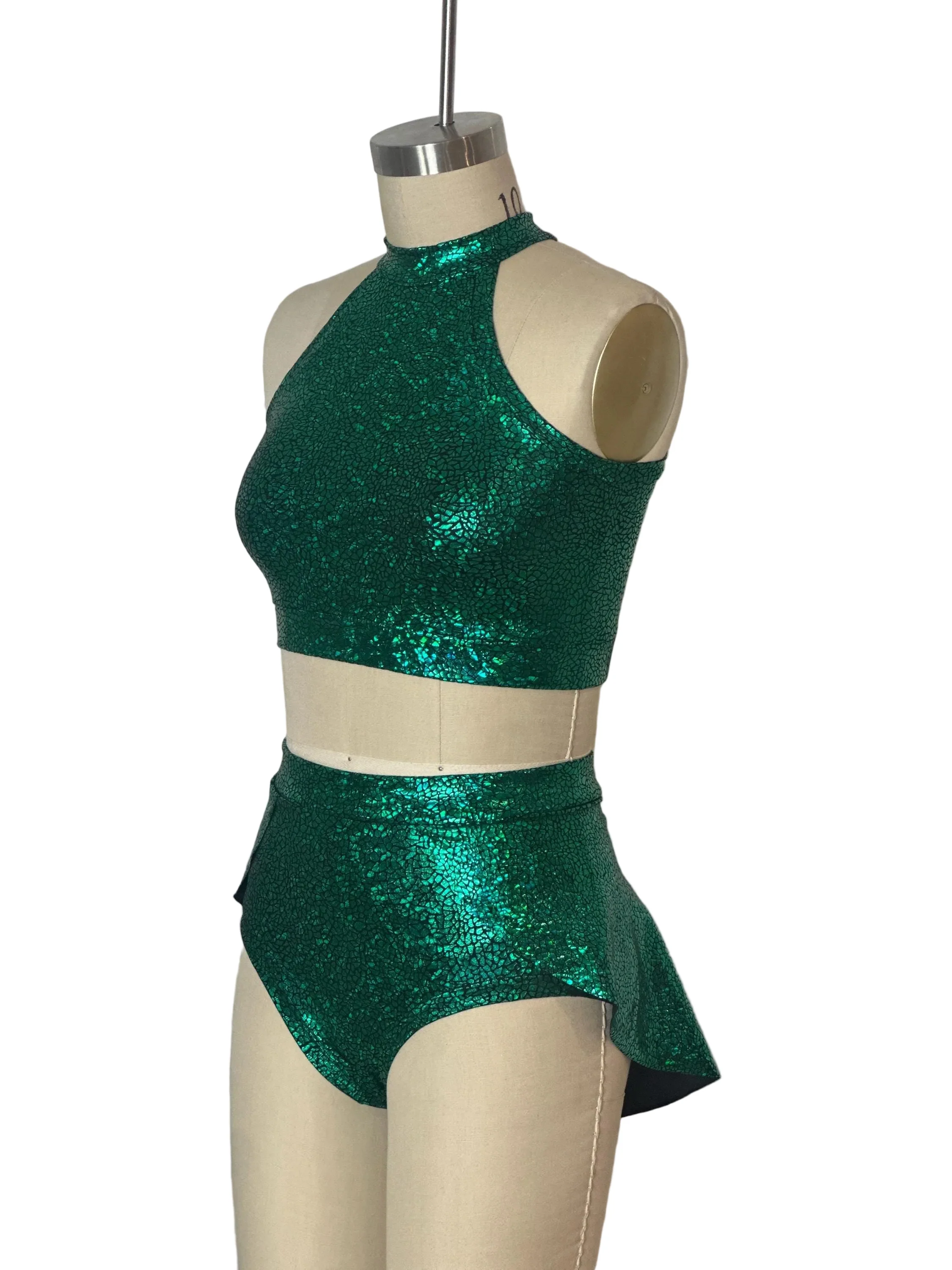 Unique Circus Fashion Pole Dance Outfit, Emerald Green Aerialist Crop Top and Skirted Shorts Set - Image 10