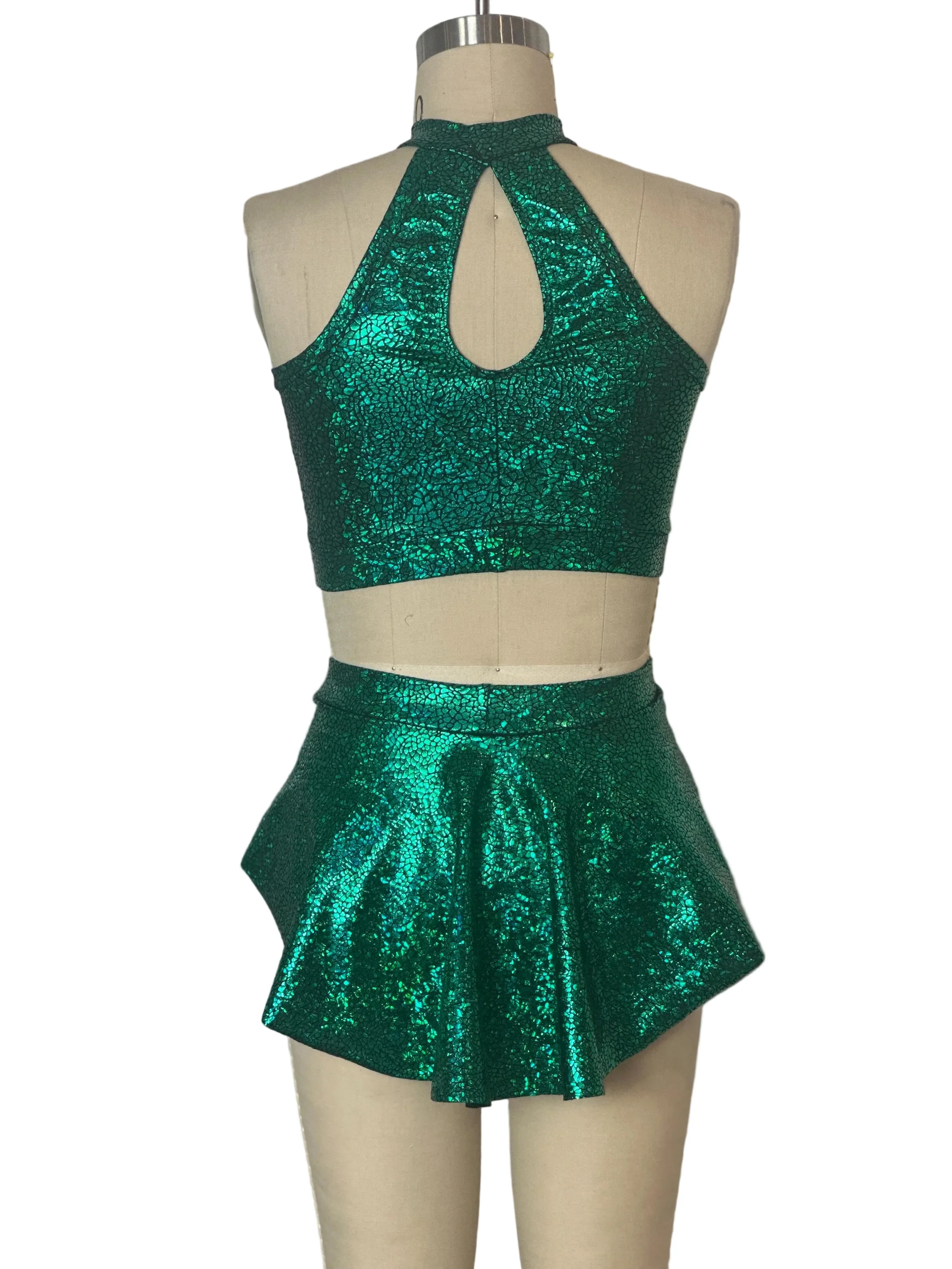 Unique Circus Fashion Pole Dance Outfit, Emerald Green Aerialist Crop Top and Skirted Shorts Set - Image 8