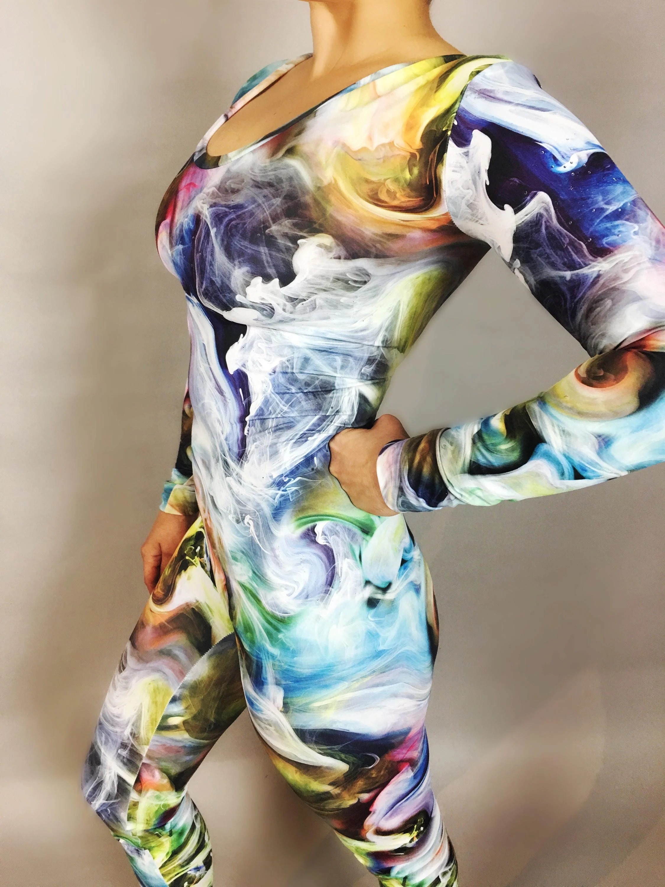 Colorful Smoke Print Jumpsuit, Abstract Swirl Catsuit, Long Sleeve Bodysuit, Gym Wear Unitard, Festival Fashion, Unisex Full Body Suit - Image 3