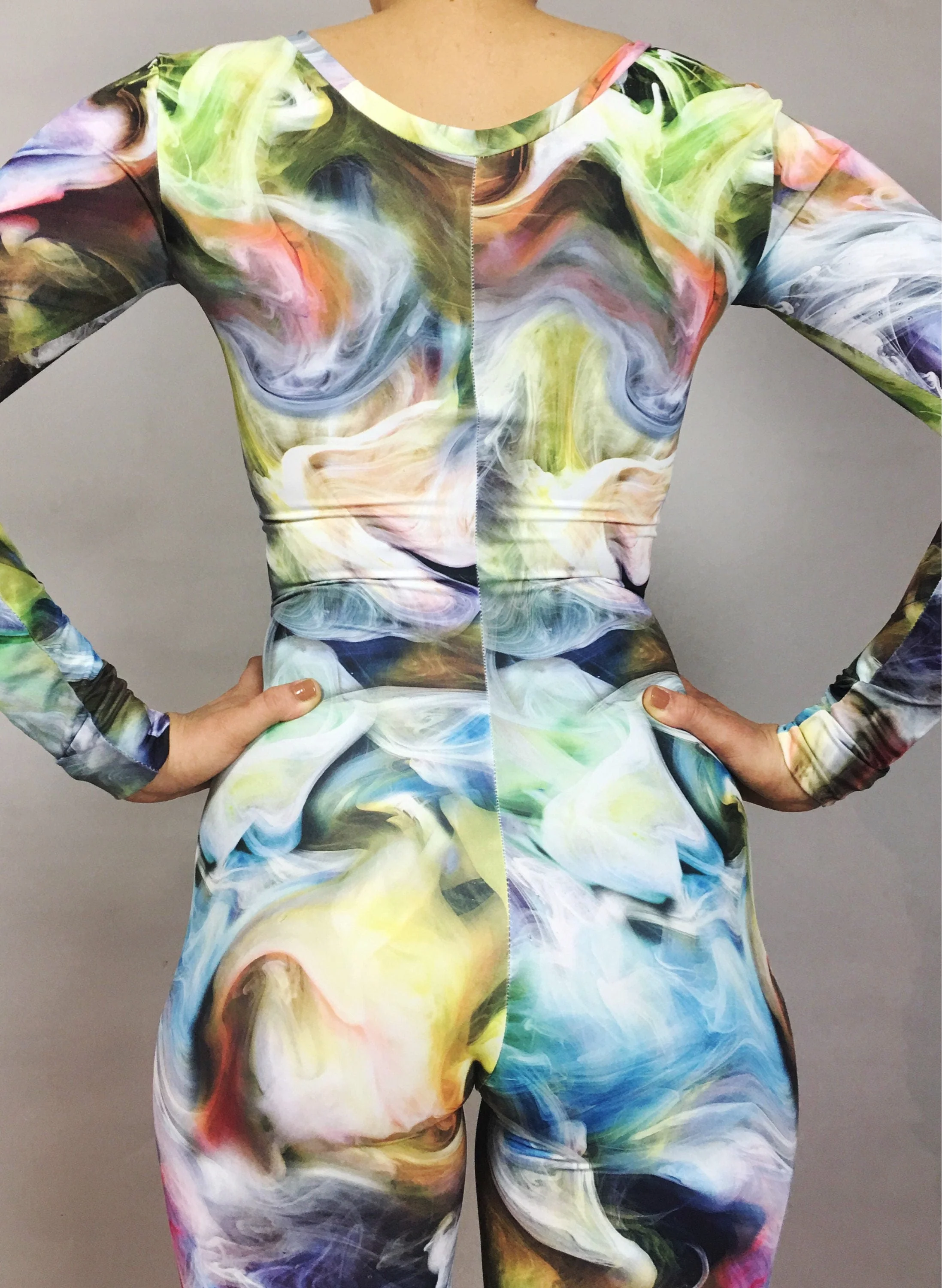 Colorful Smoke Print Jumpsuit, Abstract Swirl Catsuit, Long Sleeve Bodysuit, Gym Wear Unitard, Festival Fashion, Unisex Full Body Suit - Image 4