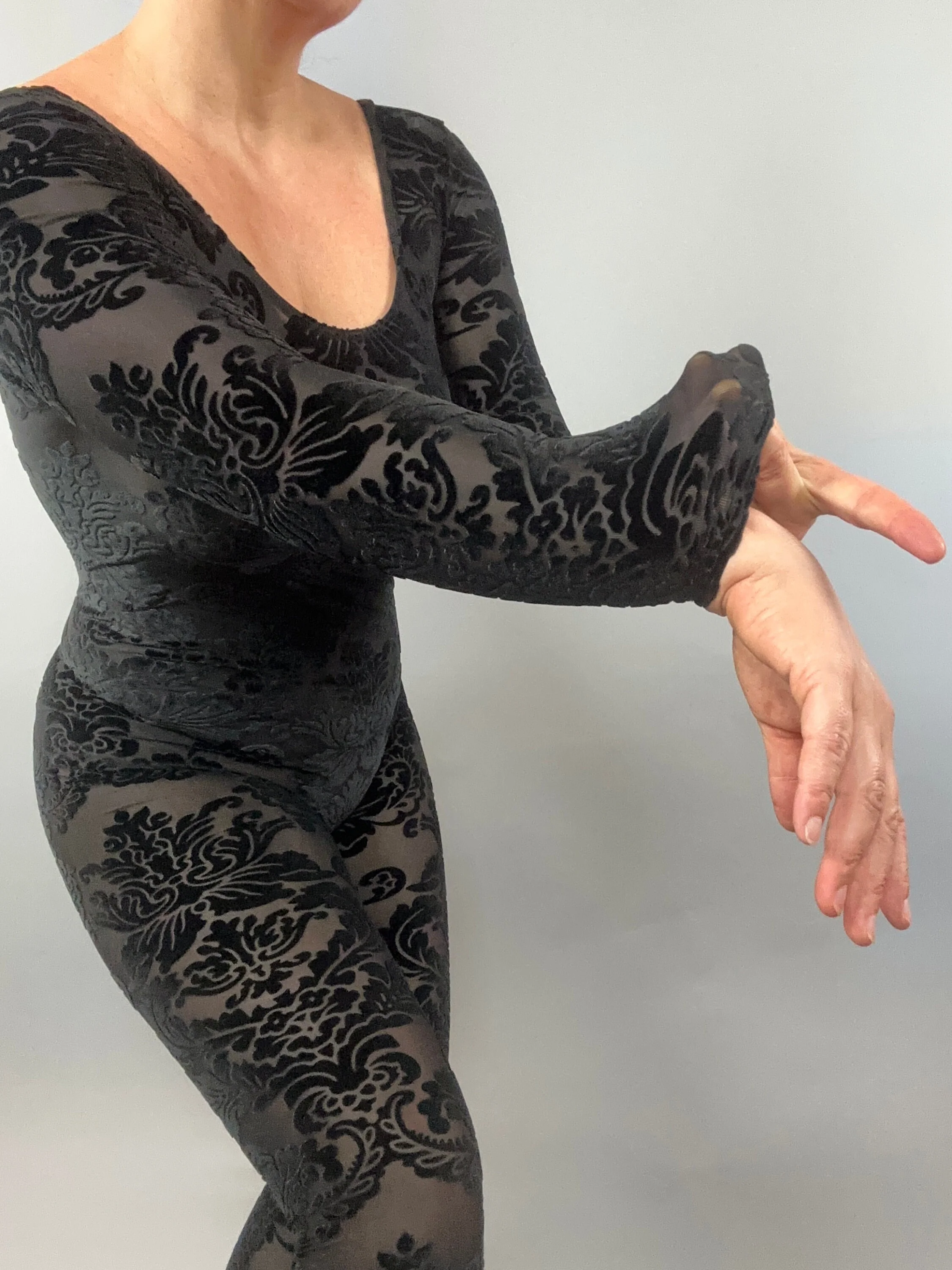 Black Sheer Velvet Bodysuit, Scoop Neck, Full Sleeves - Image 3