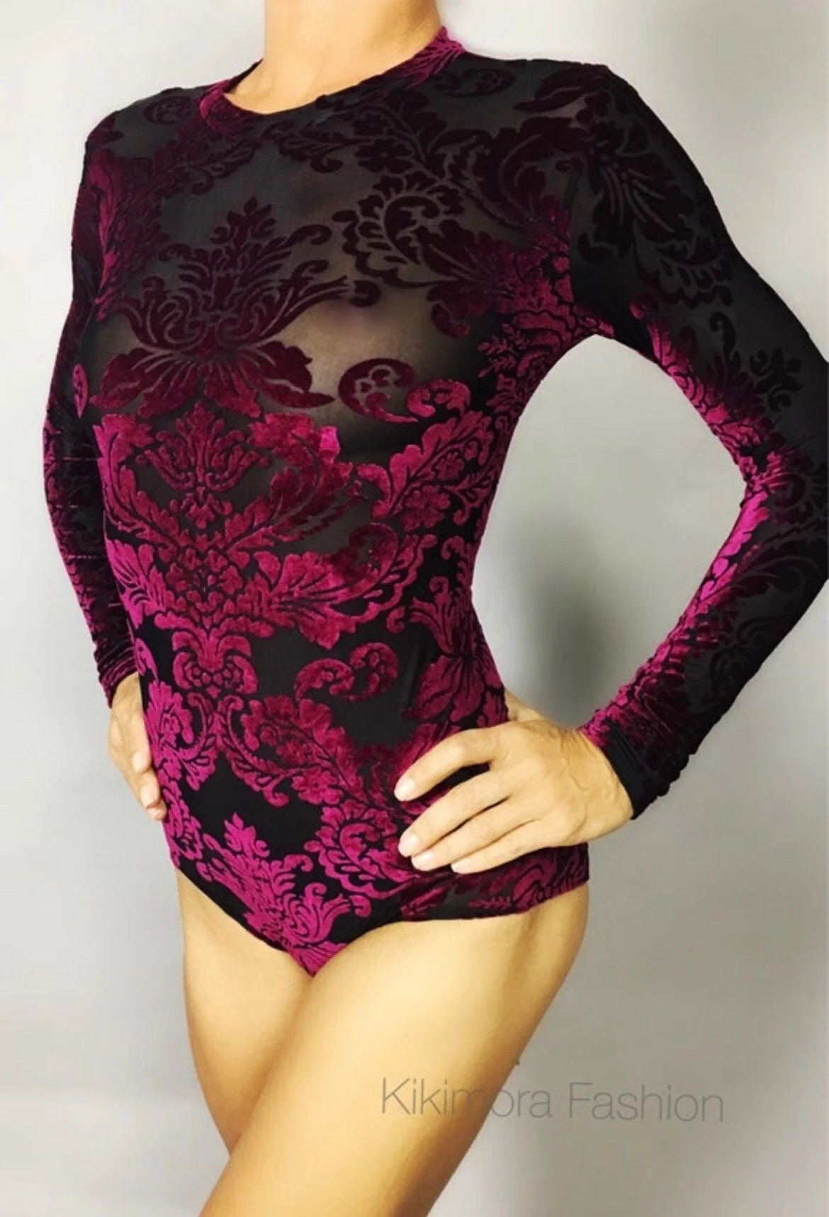 Burgundy Velvet Leotard, Sheer Mesh Bodysuit, Damask Pattern Unitard, Exotic Dancewear, Gymnastics Costume, Long Sleeve One Piece - Image 8